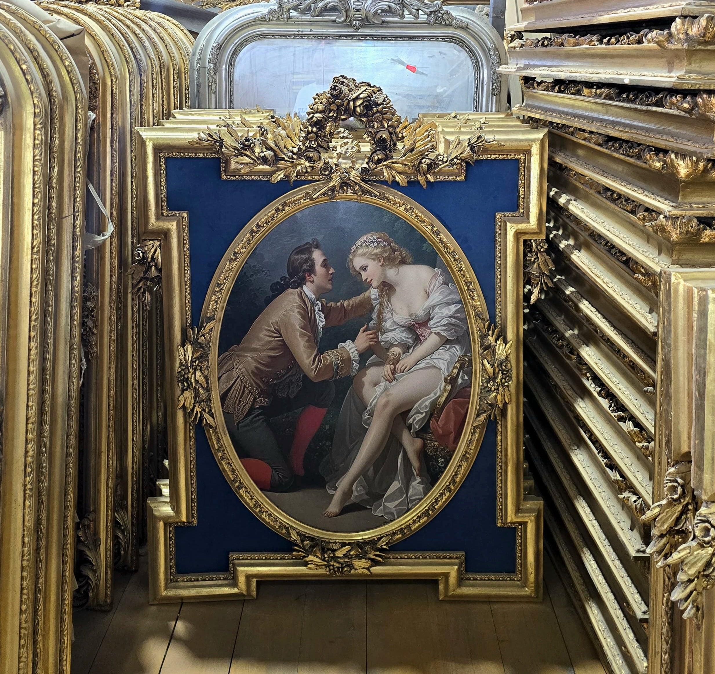 French Rococo Style Gold Leaf Portrait Frame with Romantic Couple & Floral Crest – Navy Blue Ornate Wall Art