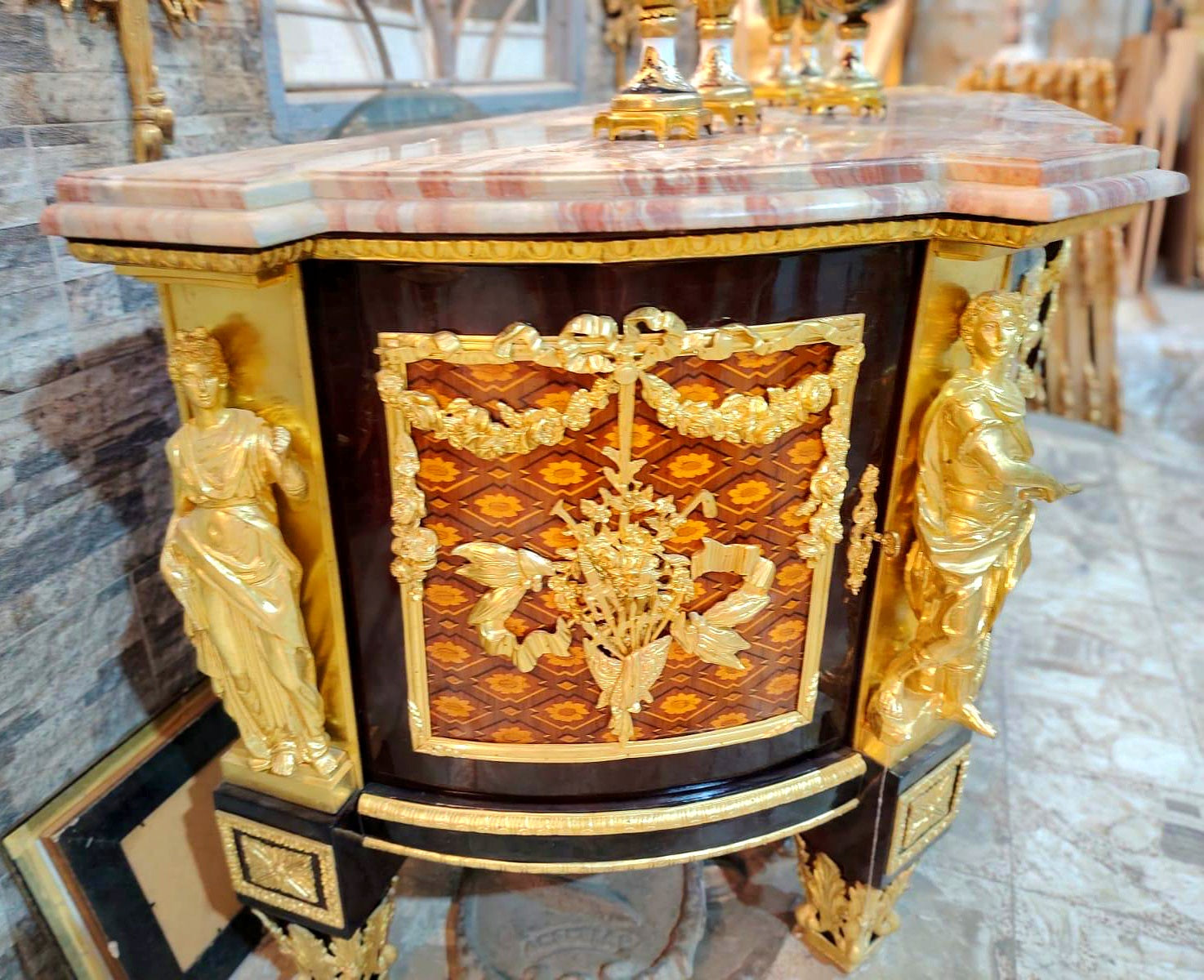Monumental French Empire Sideboard – Marble Top with Ornate Gilt Bronze Sculptural Details