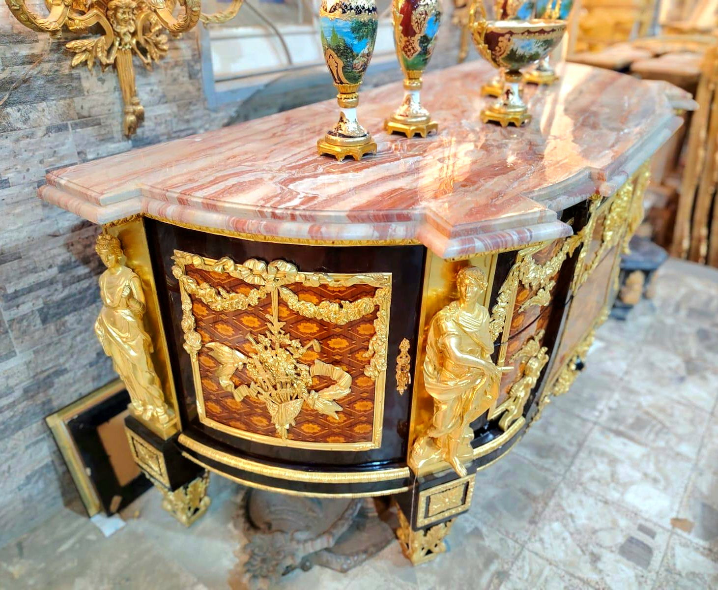 Monumental French Empire Sideboard – Marble Top with Ornate Gilt Bronze Sculptural Details