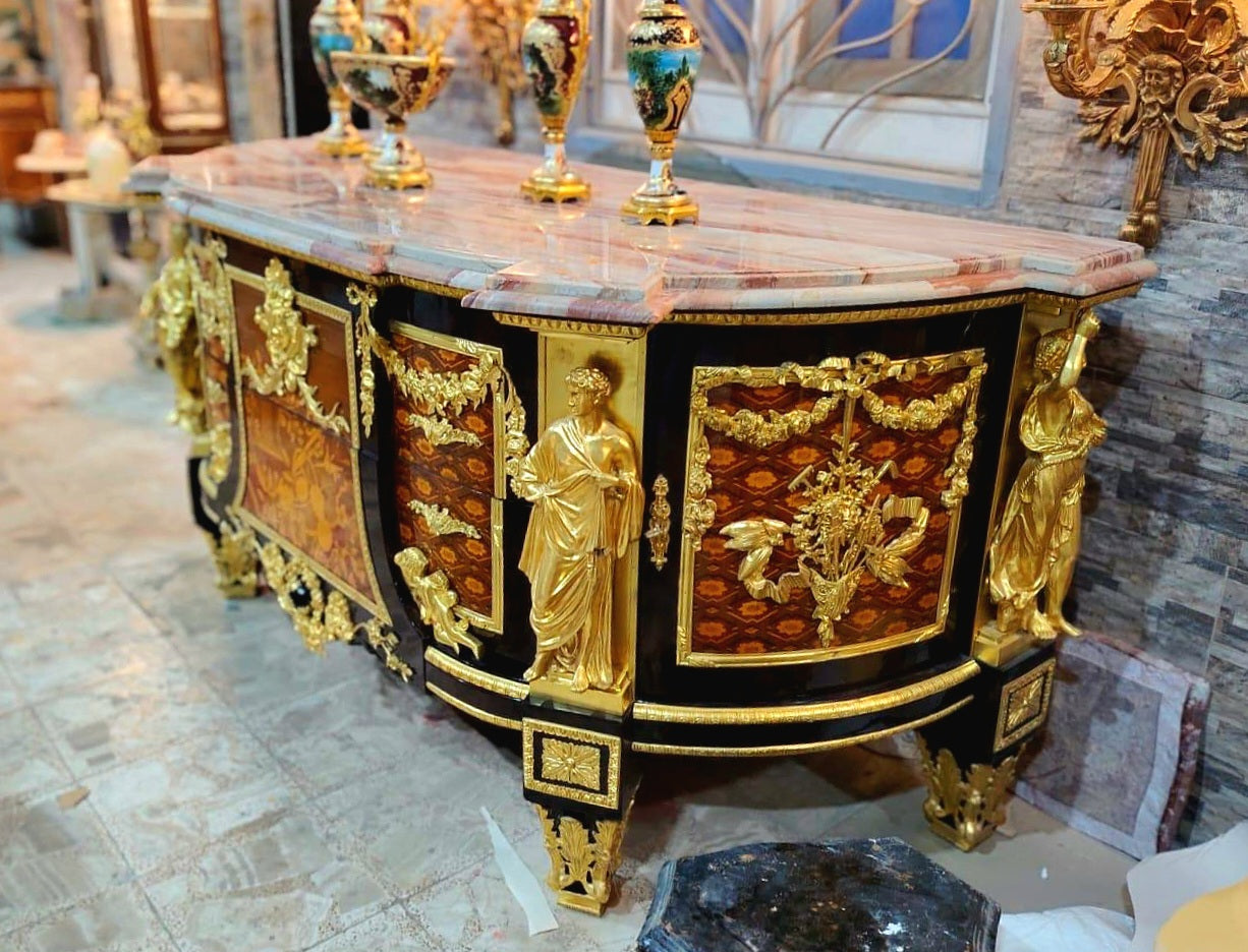 Monumental French Empire Sideboard – Marble Top with Ornate Gilt Bronze Sculptural Details