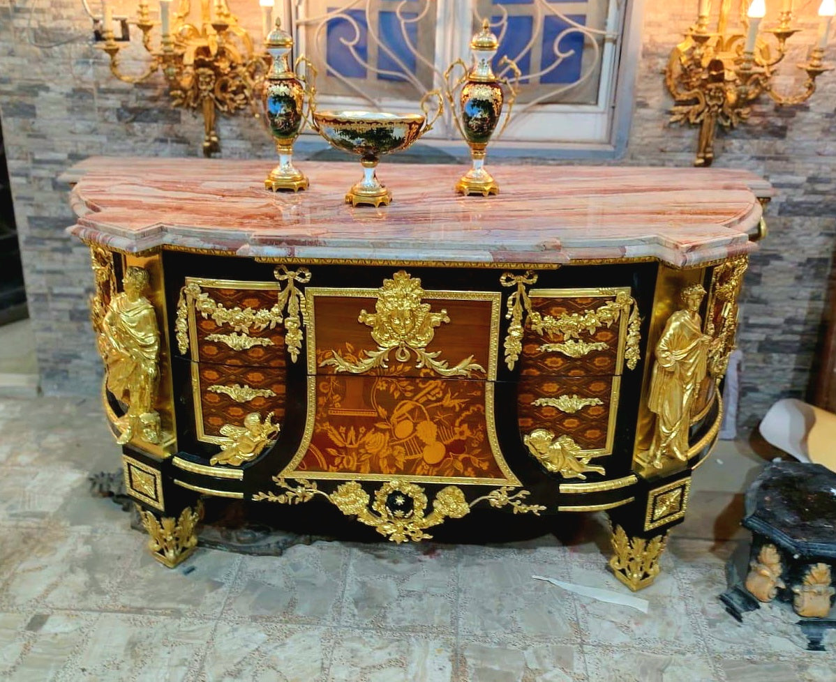 Monumental French Empire Sideboard – Marble Top with Ornate Gilt Bronze Sculptural Details