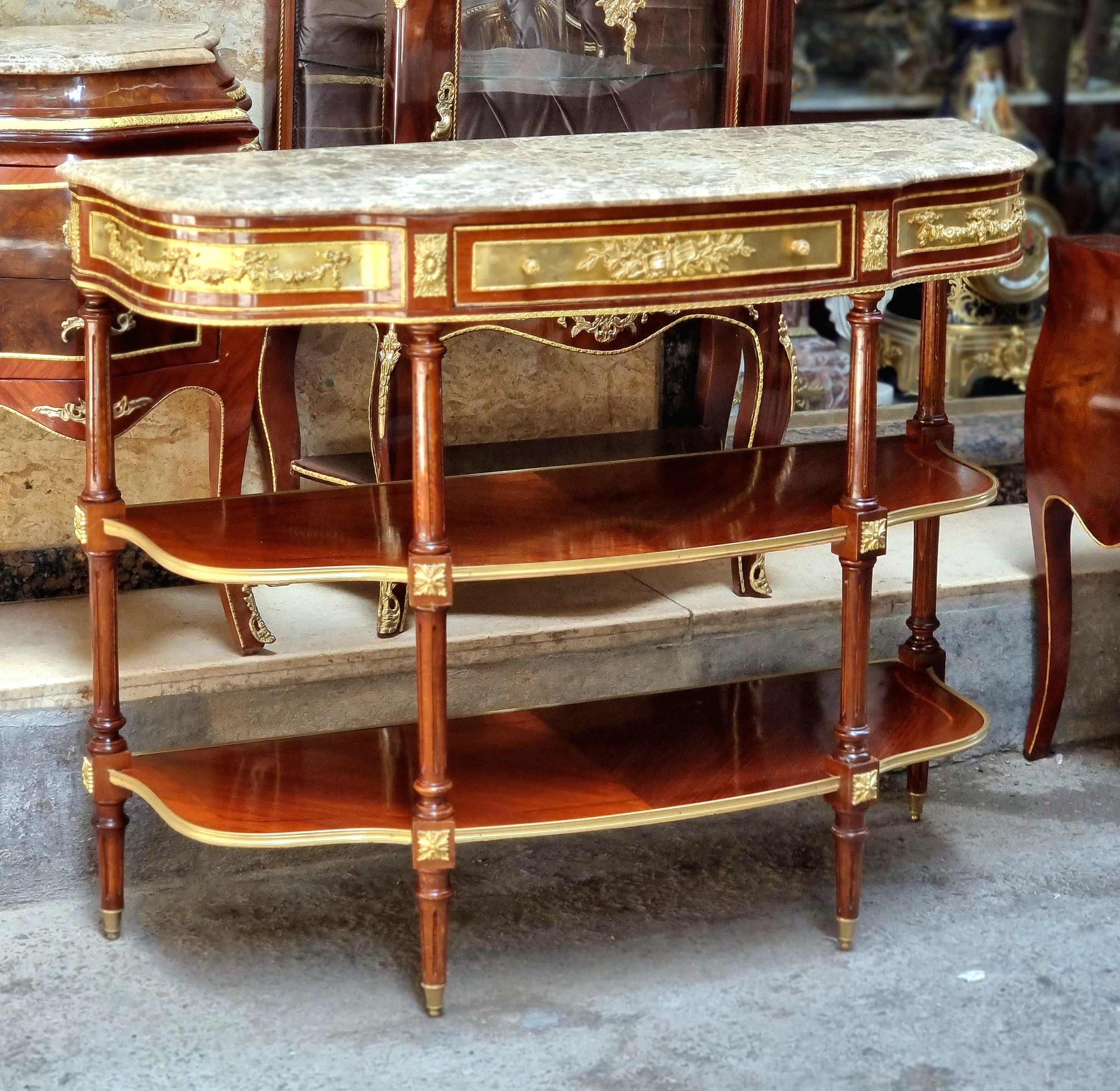 French Open Console Table with Hand-Gilded Gold Leaf Details & Solid Wood Shelving & Marble Topped