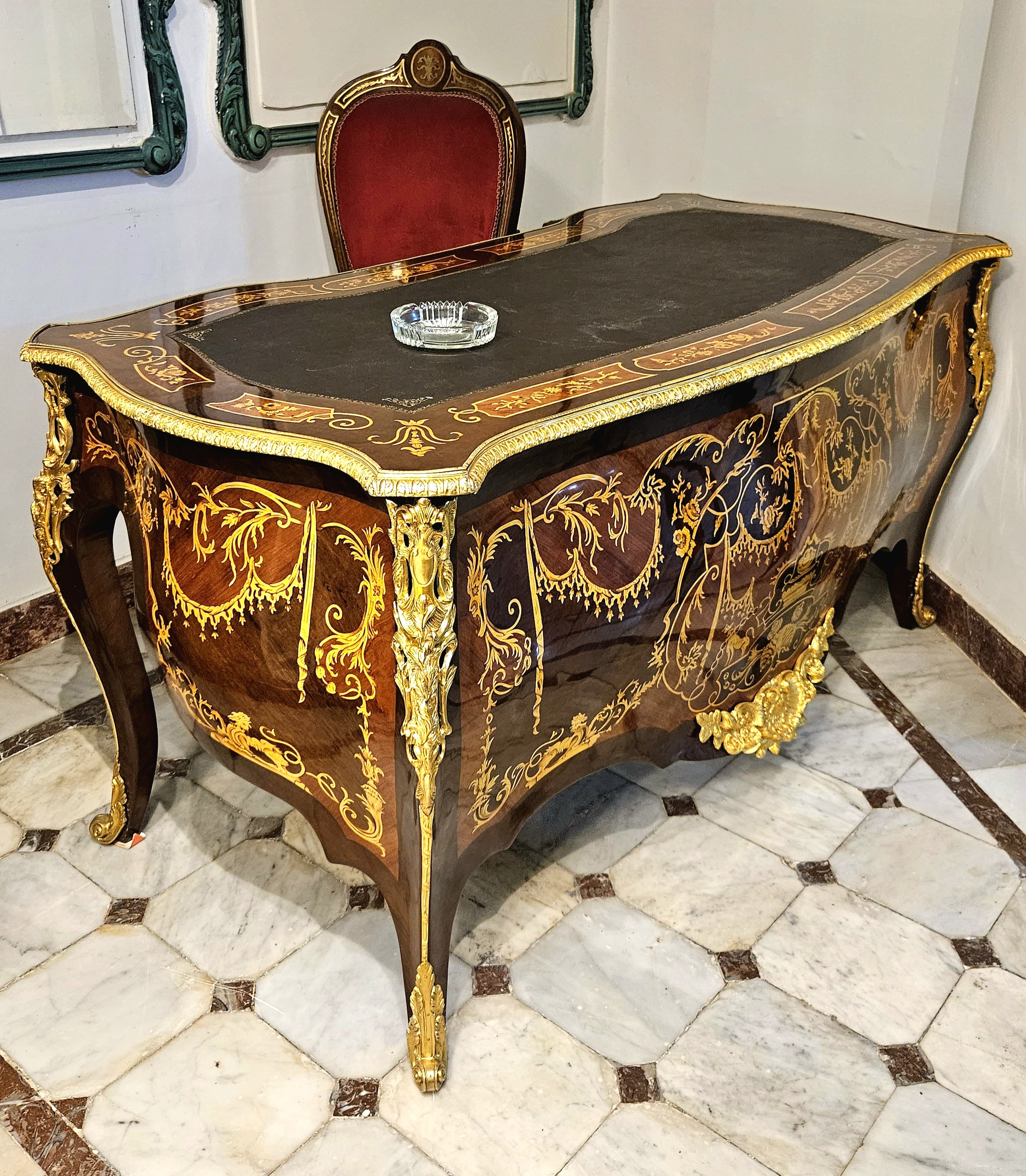 Grand French Rococo Writing Desk – Ornate Black Lacquer Desk with Gold Leaf & Bronze Details