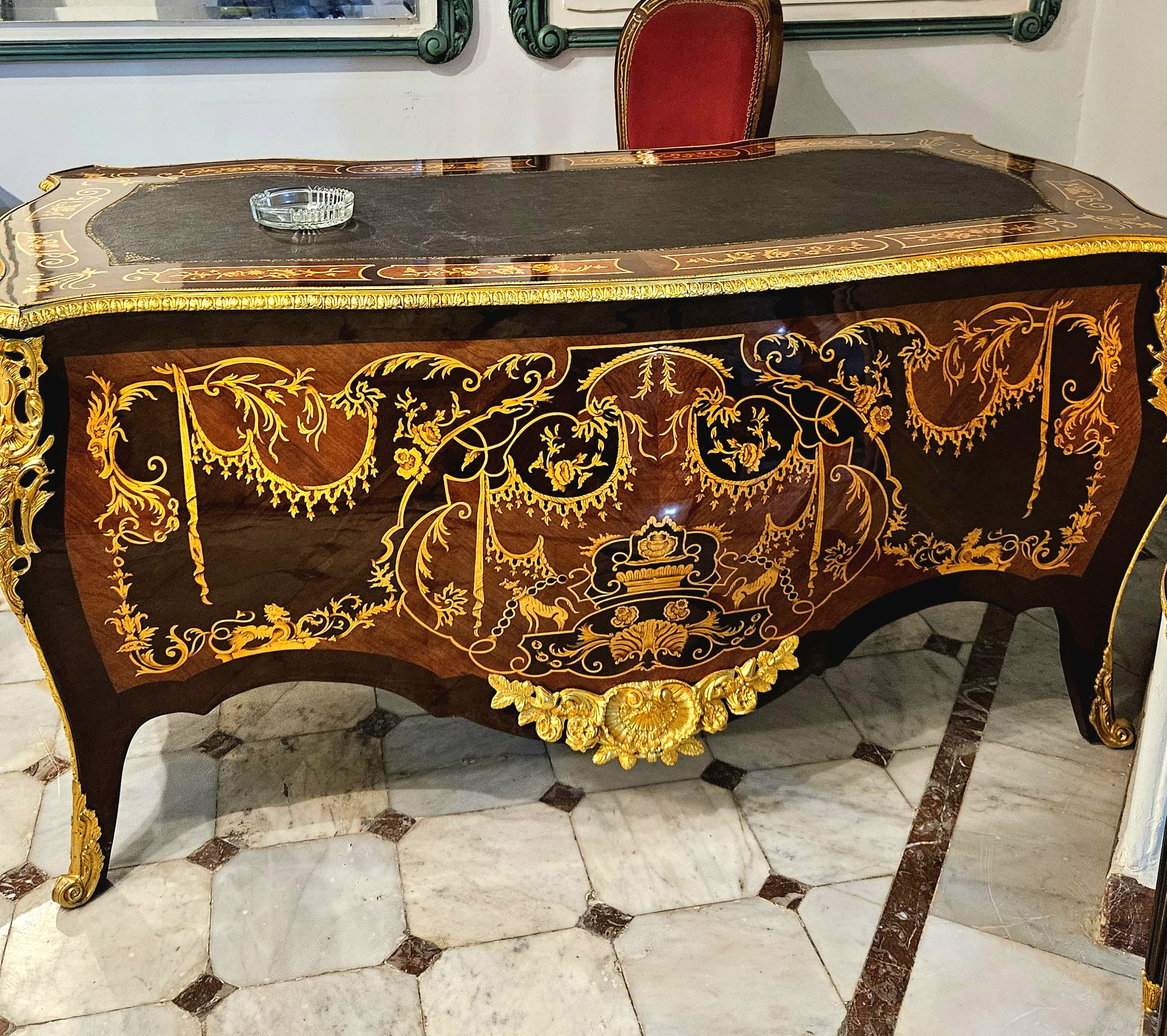 Grand French Rococo Writing Desk – Ornate Black Lacquer Desk with Gold Leaf & Bronze Details