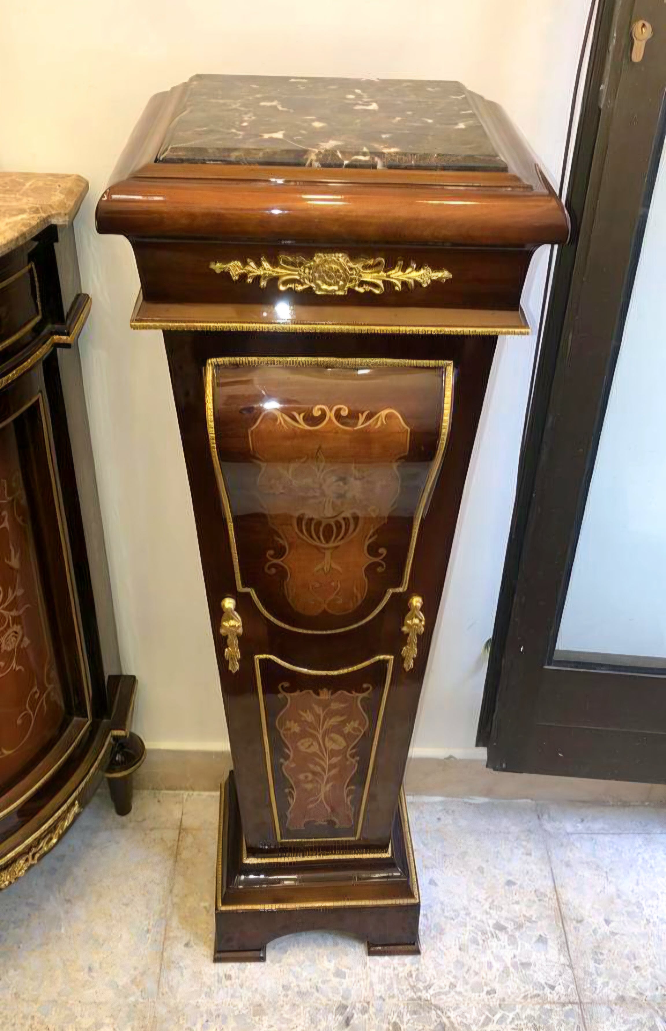 Grand French Empire Style Wood Pedestal – Ornate Inlay, Gilded Details & Marble Top