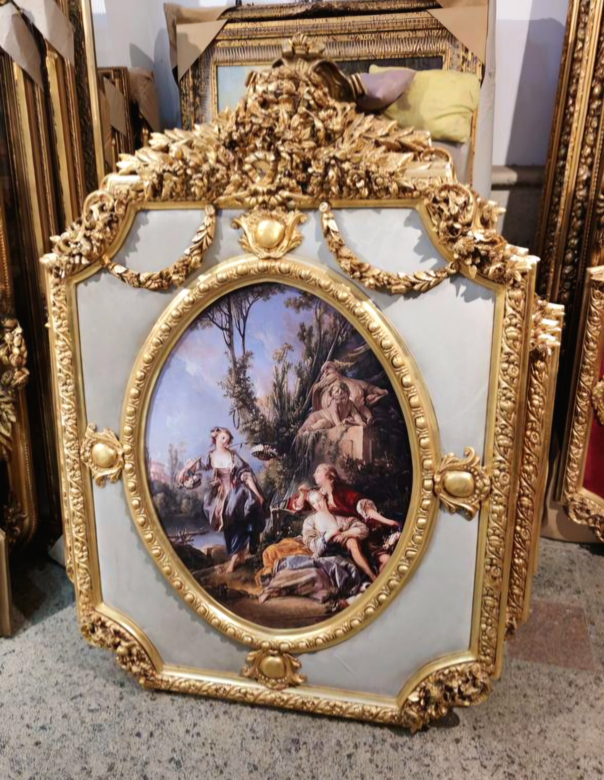 French Rococo Gold Leaf Picture Frame – Ornate Cherub & Romantic Garden Scene Panel