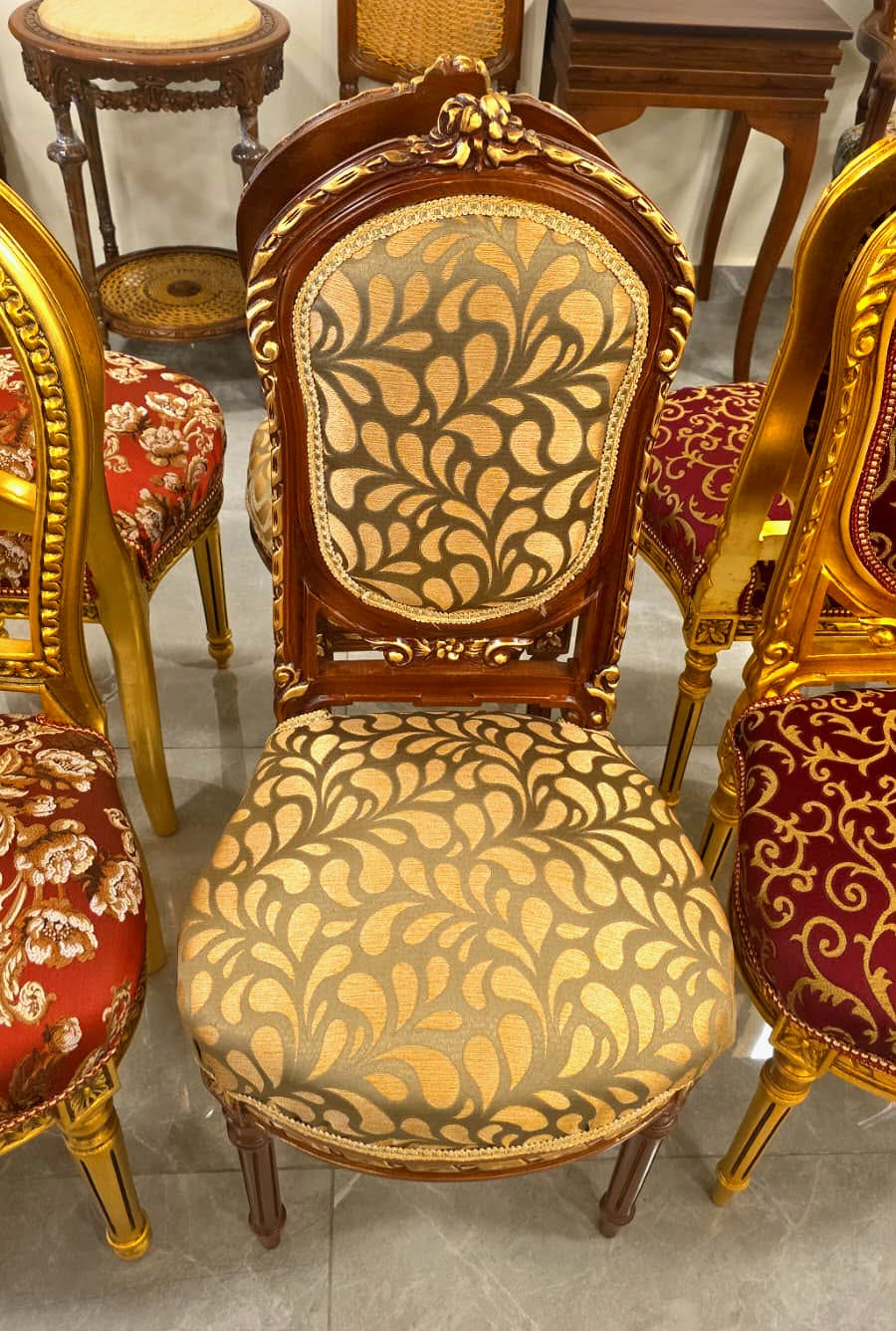 French Louis XVI Style Dining Chair – Carved Wood Frame with Elegant Damask Upholstery