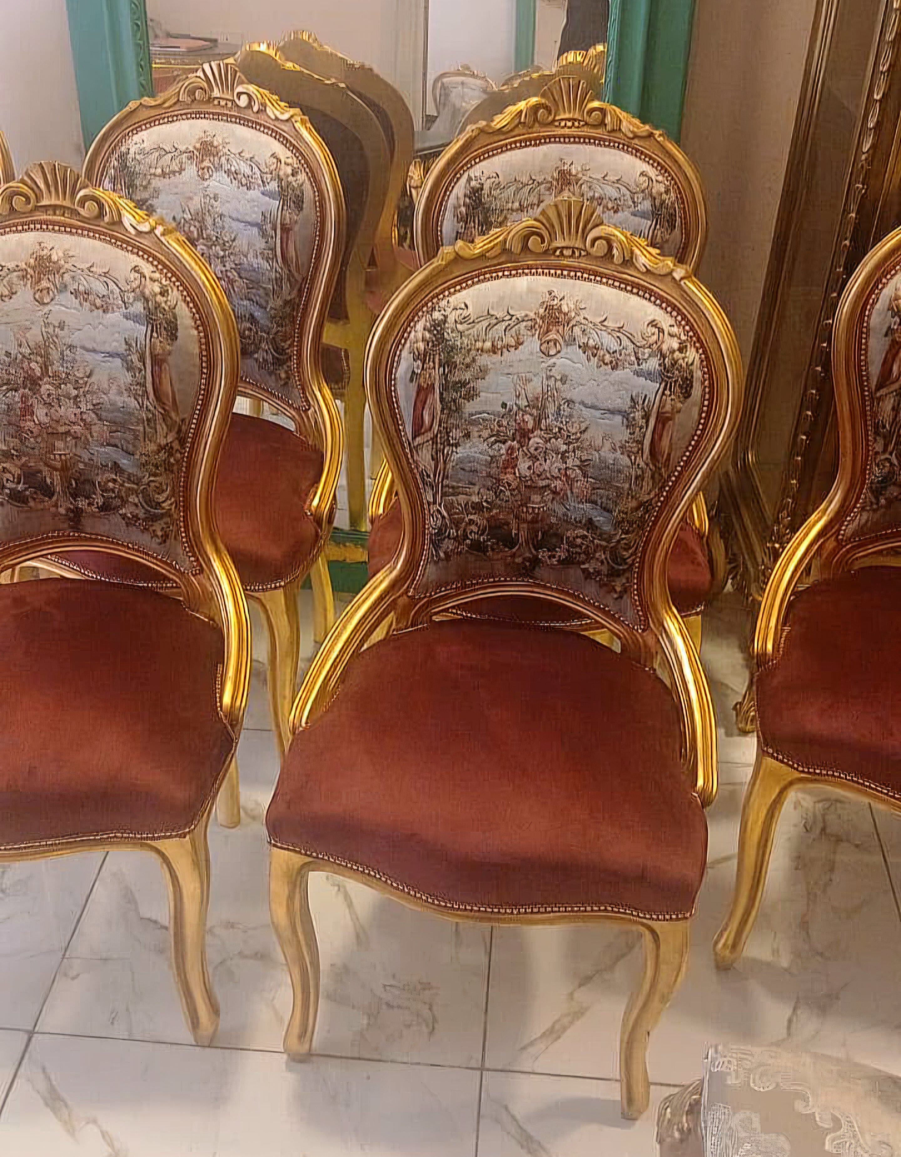 French Louis XV Dining Chair – Gold Leaf Frame with Burgundy Velvet Damask Upholstery