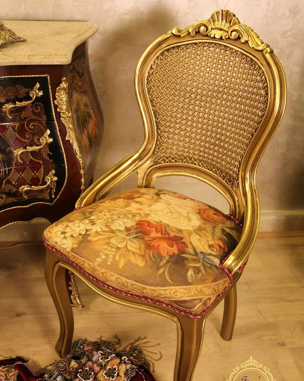 French Louis XV Cane Back Accent Chair – Gilded Gold Leaf Frame & Floral Seat
