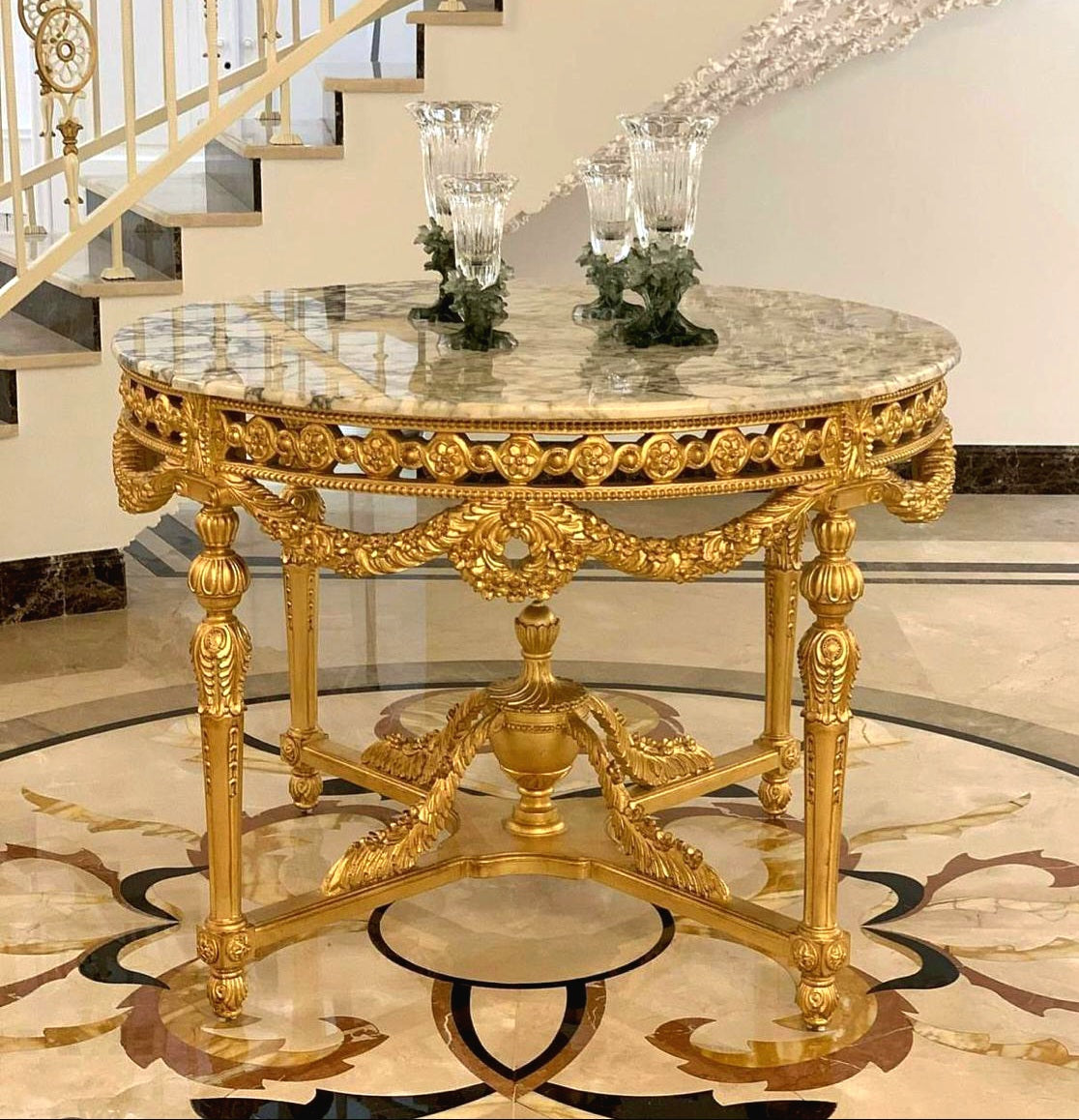 Grand French Louis XV Round Dining Table – Ornate Marble Top with Gold Leaf & Bronze Floral Ornamentation