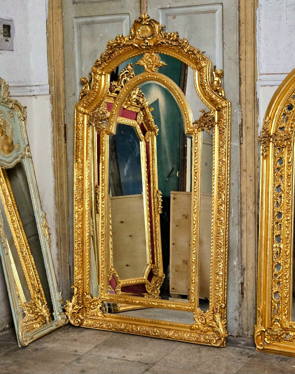 French Rococo Gold Leaf Mirror – Decorative Carved Frame & Double Reflection