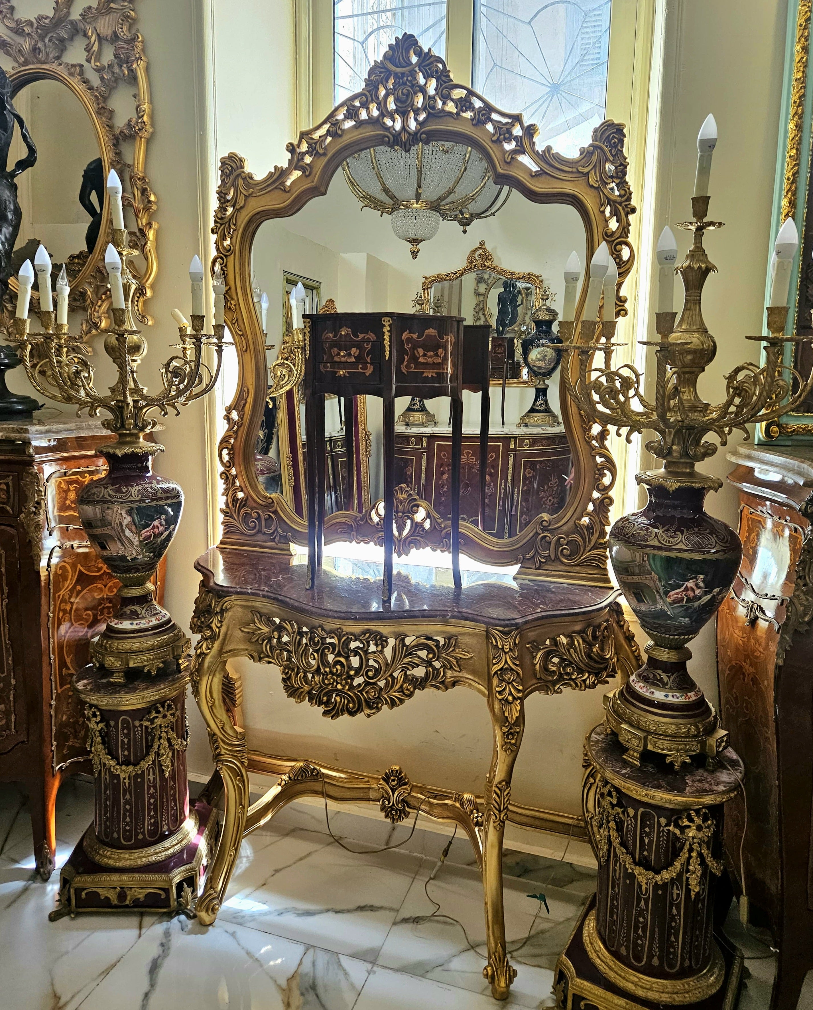 Majestic Rococo Vanity Set – Hand-Carved Gold Leaf Console with Marble Top & Ornate Mirror