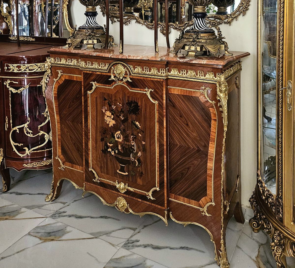 The Gilded Heirloom – Louis XVI-Inspired French Sideboard with Rich Wood Tones, Ornate Bronze Mounts & Gold Leaf Embellishments