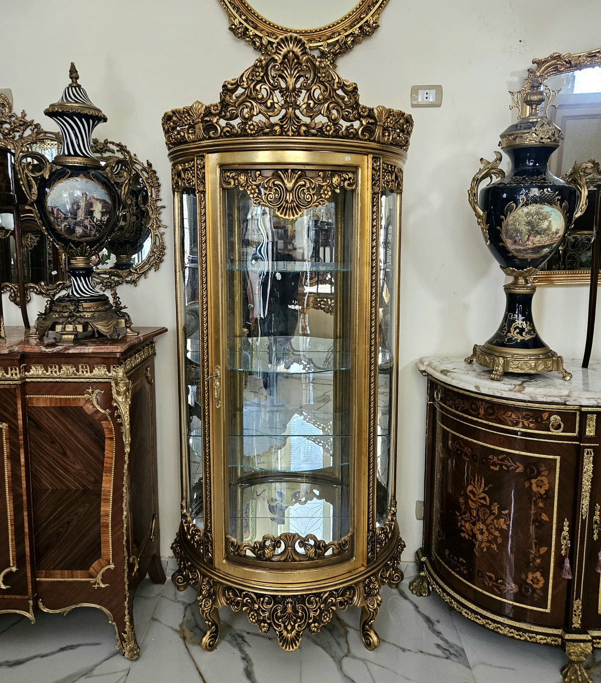The Gilded Gallery – French Rococo Glass Vitrine with Gold Leaf Ornamentation, Four Display Shelves & Key (Copy)