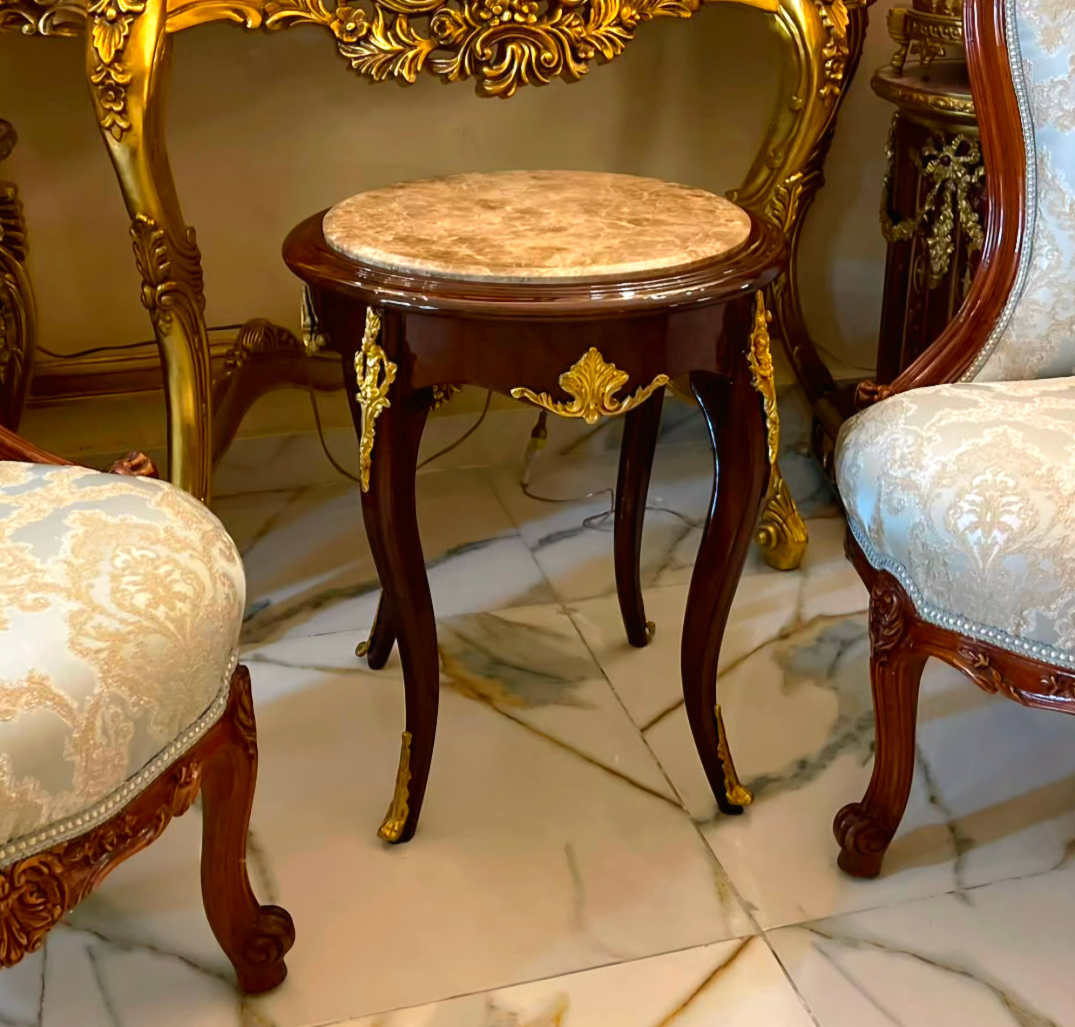 French Baroque Occasional Table – Carved Wood, Marble Top & Elaborate Gilded Ornamentation