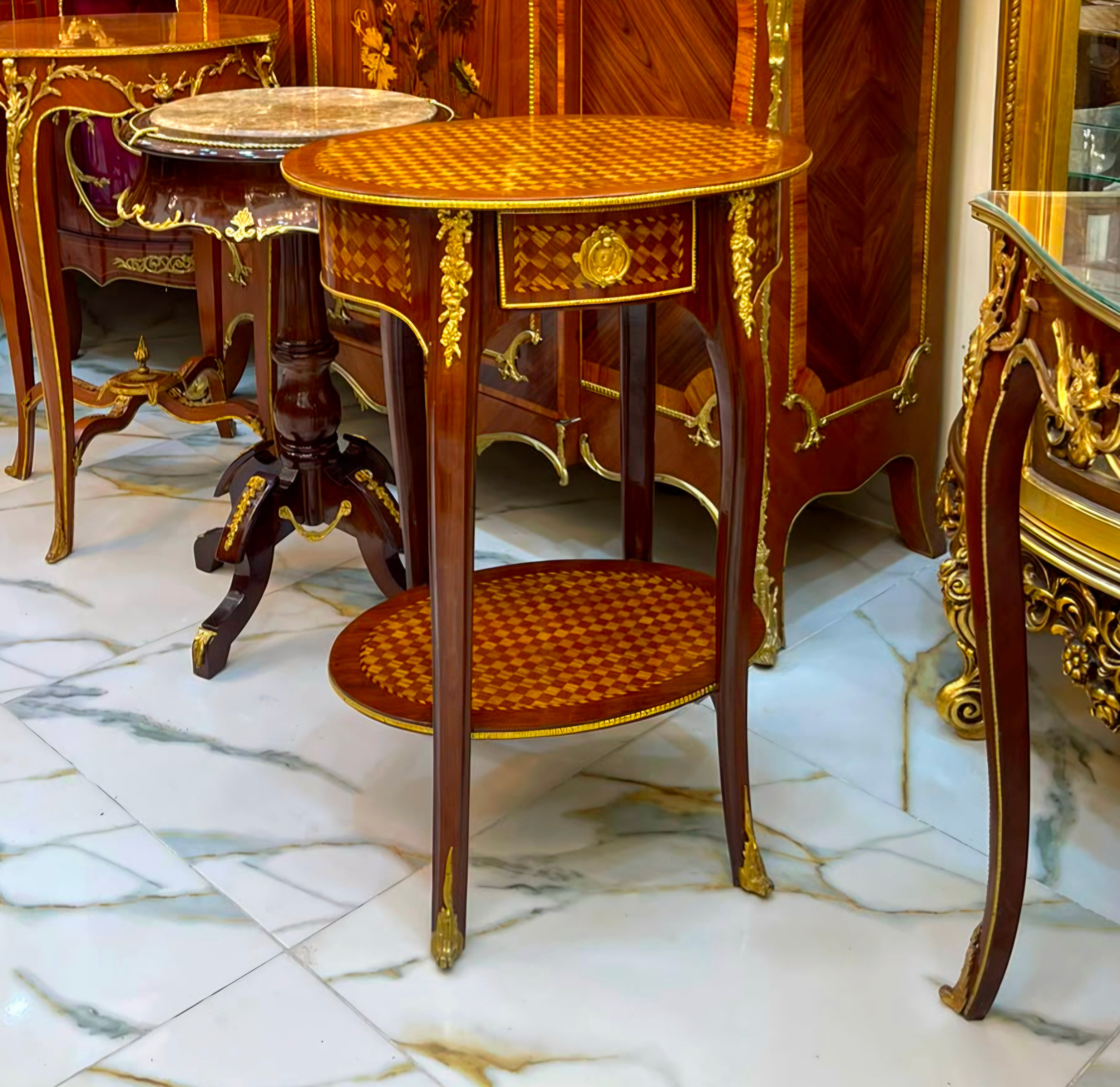 French Louis XV Parquetry Accent Table – Intricate Geometric Wood Inlay with Gilded Bronze Details