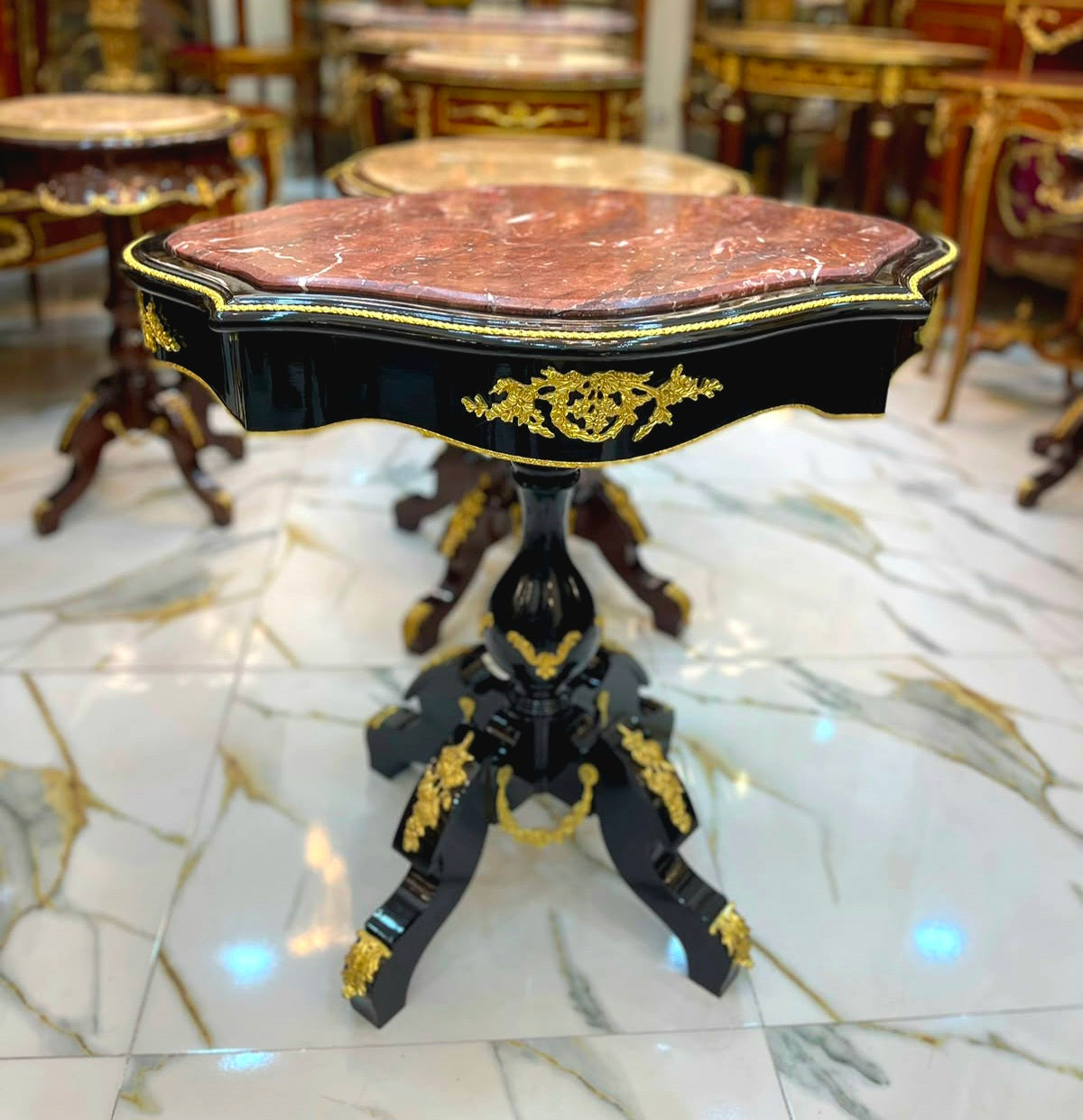 French Baroque Marble Top Table – Ornate Gold Leaf Details & Luxury European Design