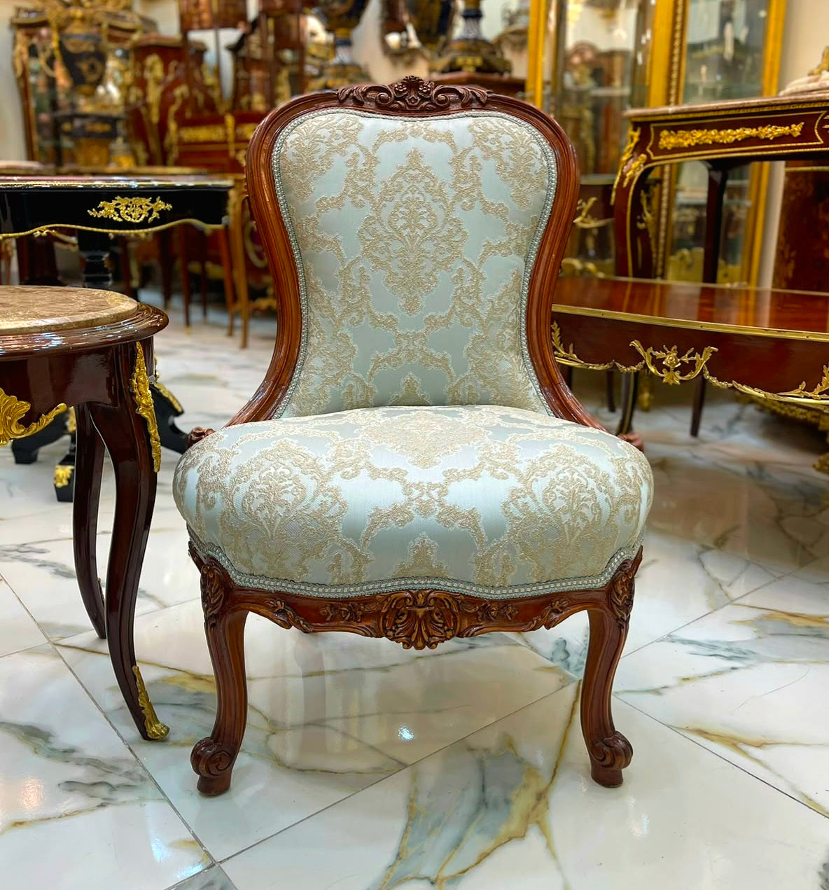 French Louis XV Armchair – Sky Blue Damask Upholstery with Ornate Wood Frame