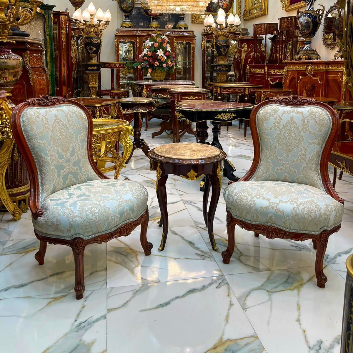 French Louis XV Armchair – Sky Blue Damask Upholstery with Ornate Wood Frame