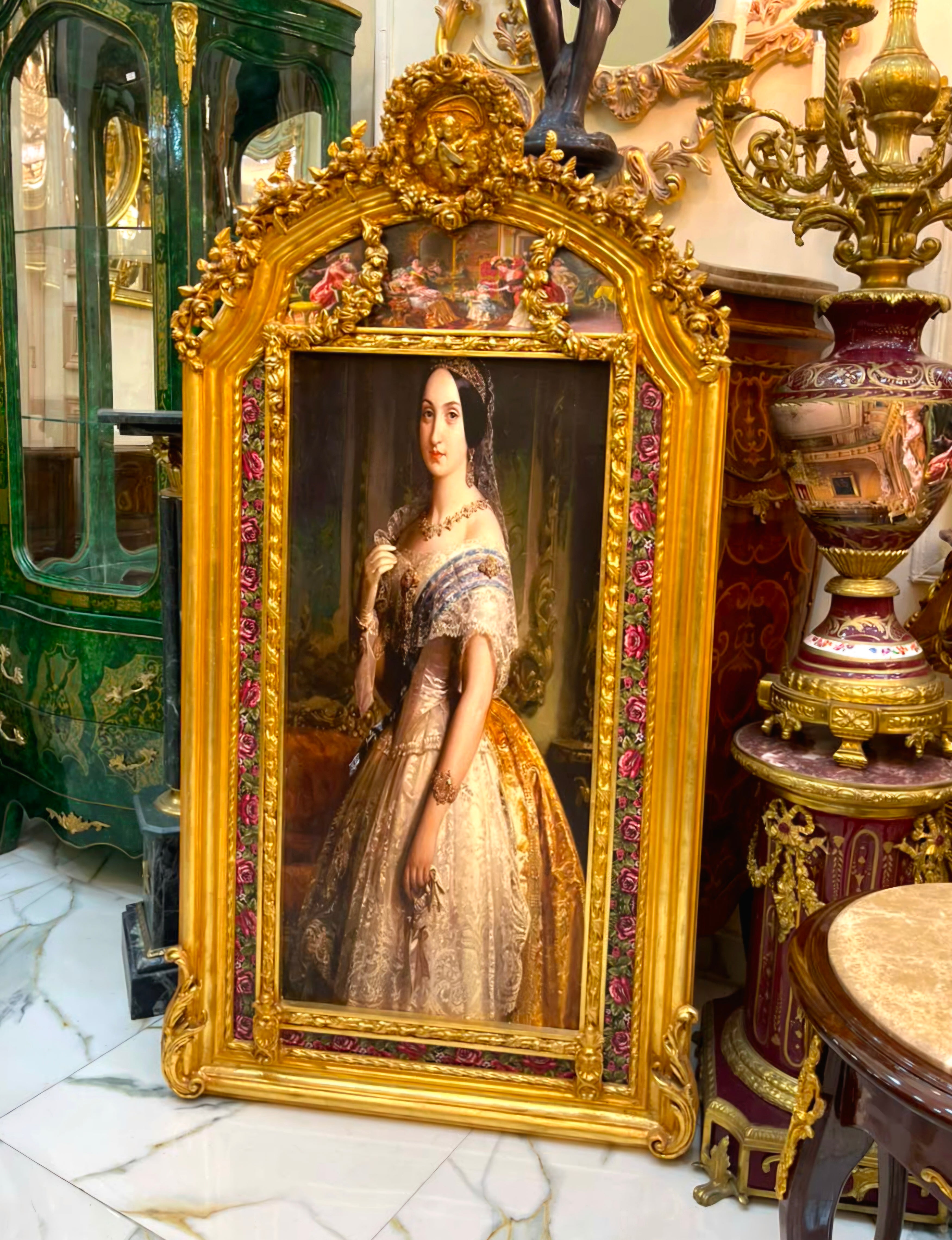 French Baroque Portrait Painting – Hand-Gilded Gold Leaf Frame with Cherub & Floral Details