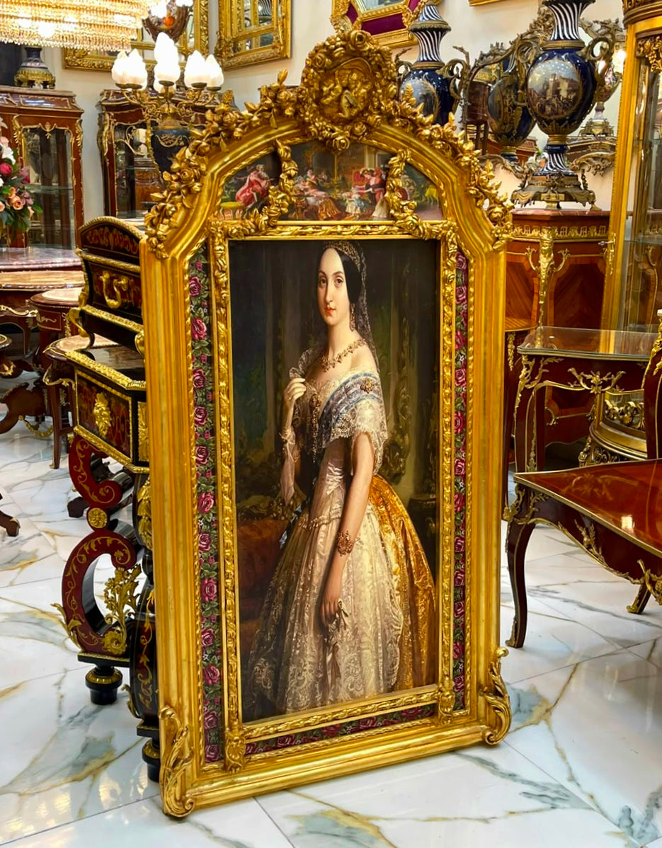 French Baroque Portrait Painting – Hand-Gilded Gold Leaf Frame with Cherub & Floral Details