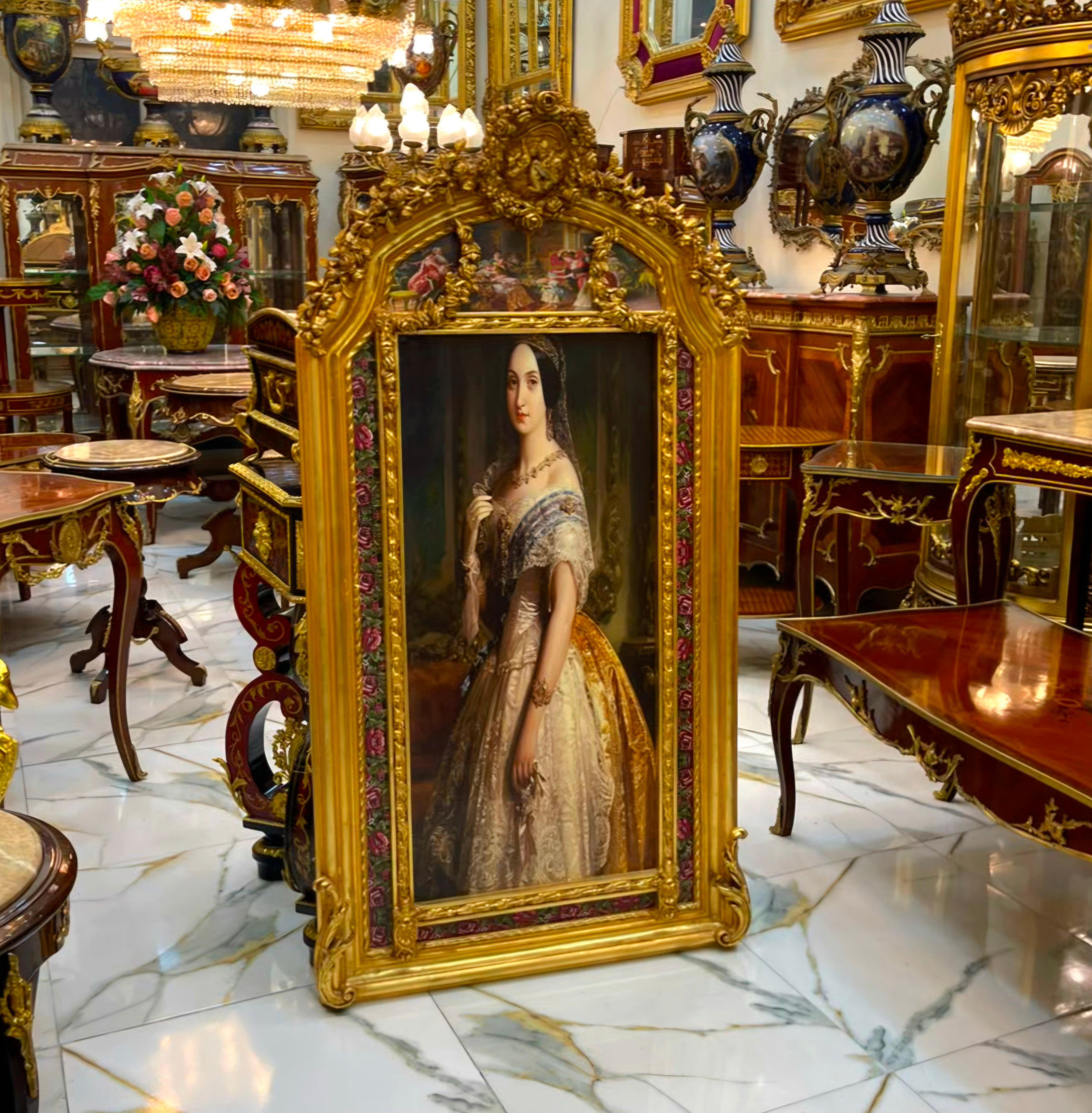 French Baroque Portrait Painting – Hand-Gilded Gold Leaf Frame with Cherub & Floral Details
