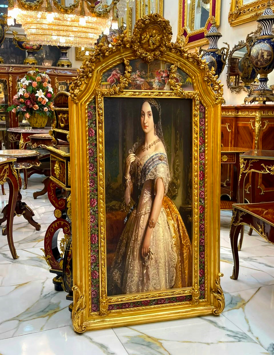 French Baroque Portrait Painting – Hand-Gilded Gold Leaf Frame with Cherub & Floral Details