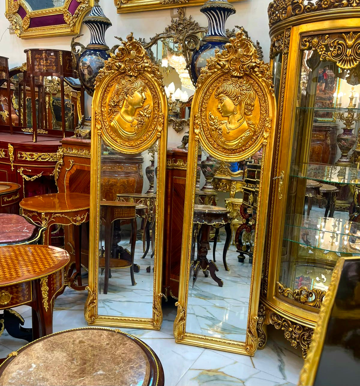 French Baroque Gold Leaf Mirror Set – Pair of Ornate Mirrors with Sculpted Female Face Details