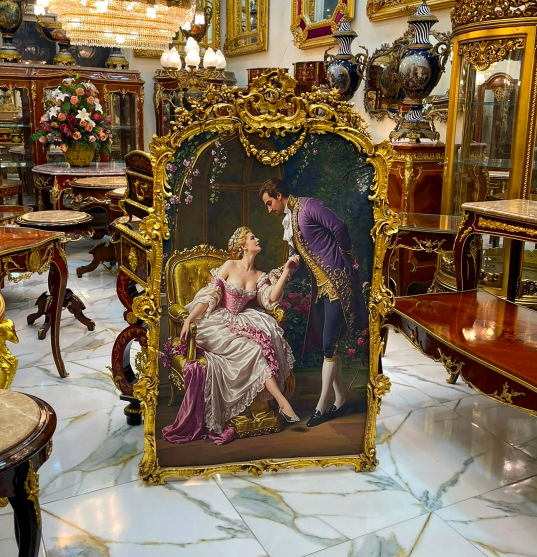 French Romantic Couple Painting – Ornate Hand-Gilded Gold Leaf Frame & Elegant Vintage Artwork