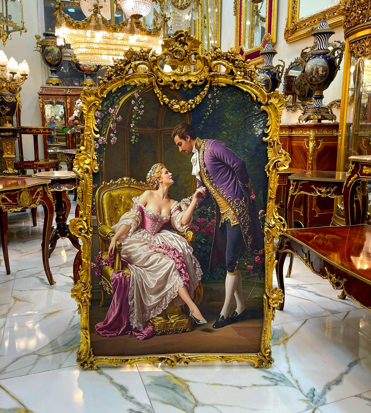 French Romantic Couple Painting – Ornate Hand-Gilded Gold Leaf Frame & Elegant Vintage Artwork