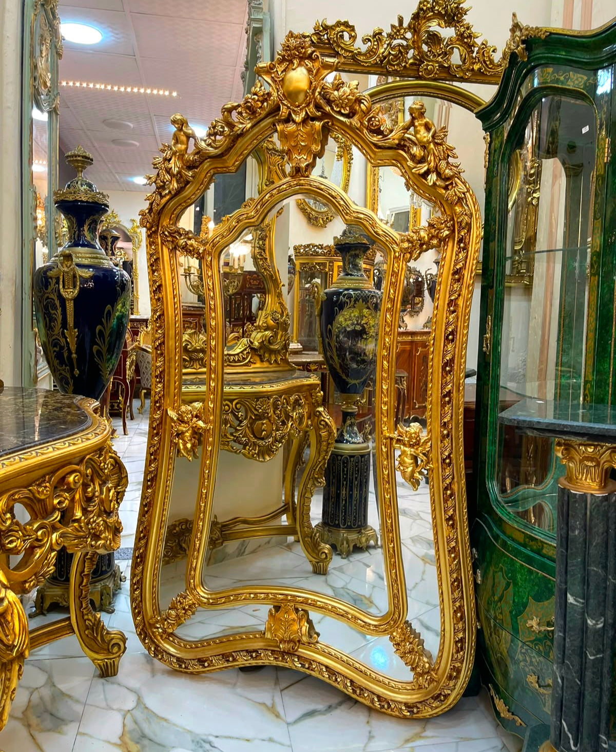 Majestic French Rococo Wall Mirror with Floral Crown & Hand-Gilded Gold Leaf Frame