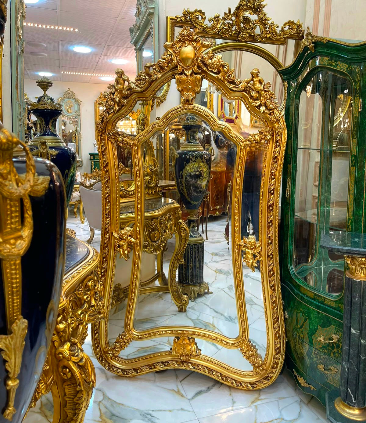Majestic French Rococo Wall Mirror with Floral Crown & Hand-Gilded Gold Leaf Frame