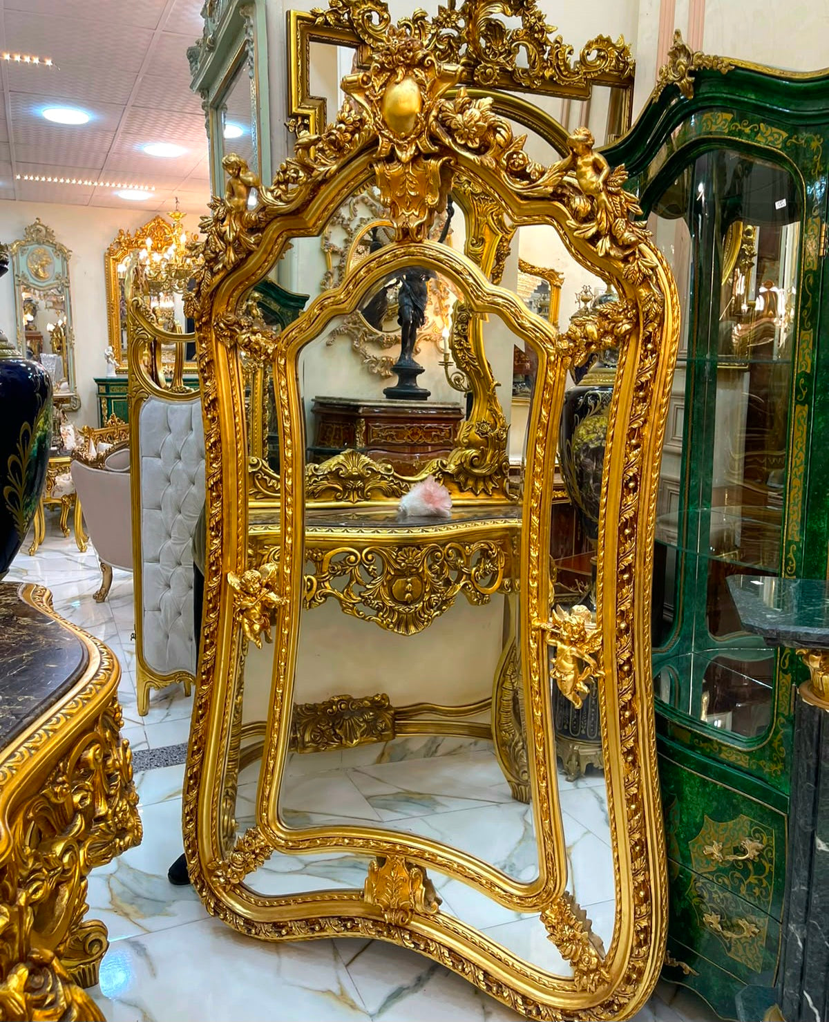 Majestic French Rococo Wall Mirror with Floral Crown & Hand-Gilded Gold Leaf Frame