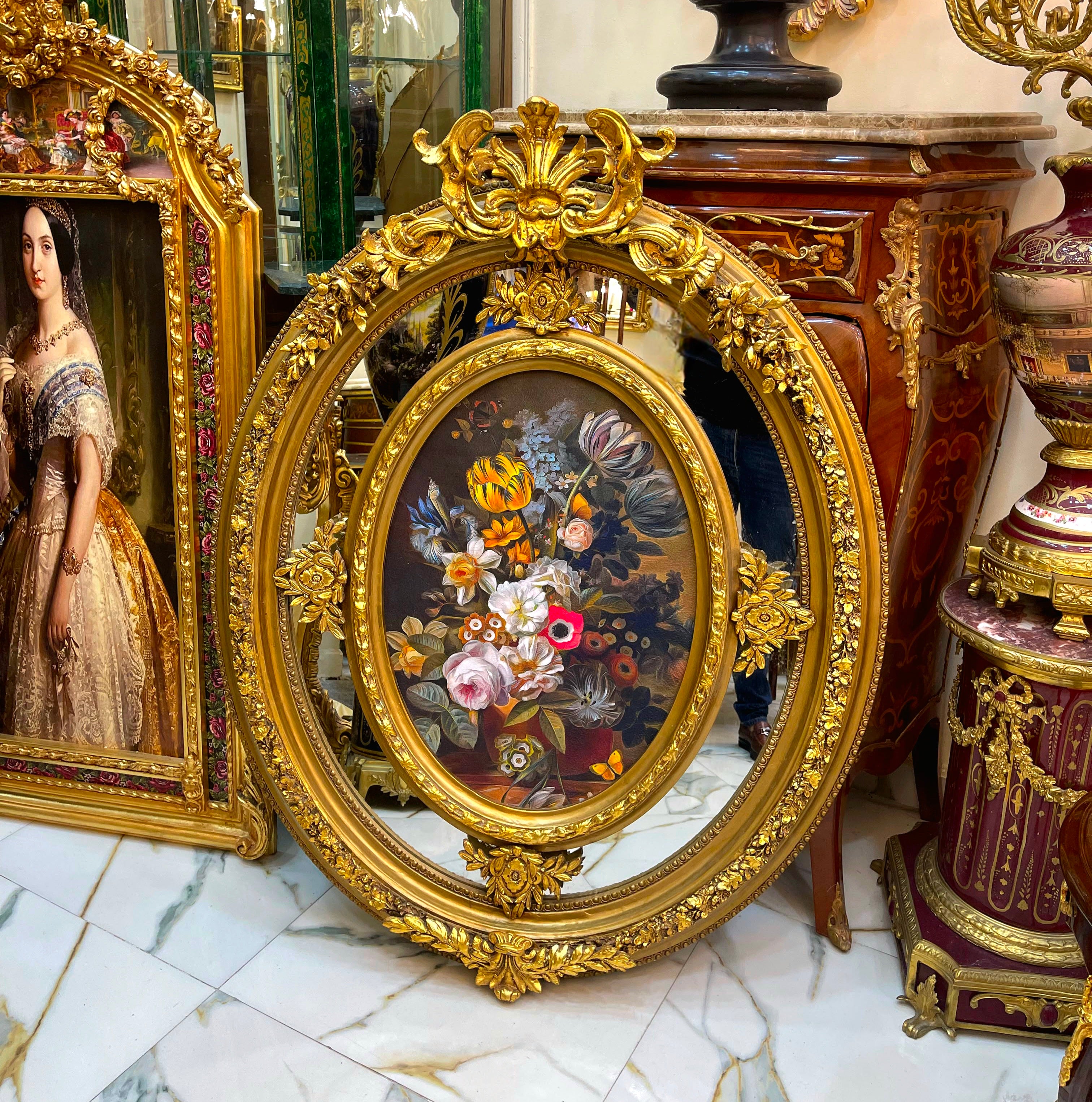 French Rococo Oval Floral Painting with Mirror – Ornate Gold Leaf Frame & Decorative Artwork