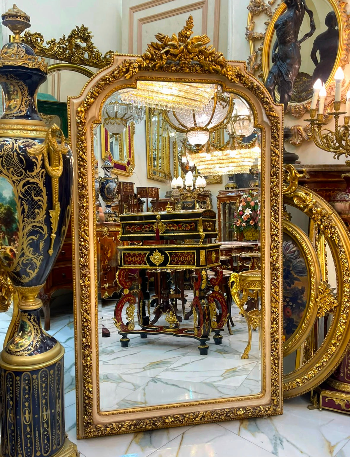 Grand French Rococo Gilt Mirror – Ornate Gold Leaf Frame with Birds & Nature Details