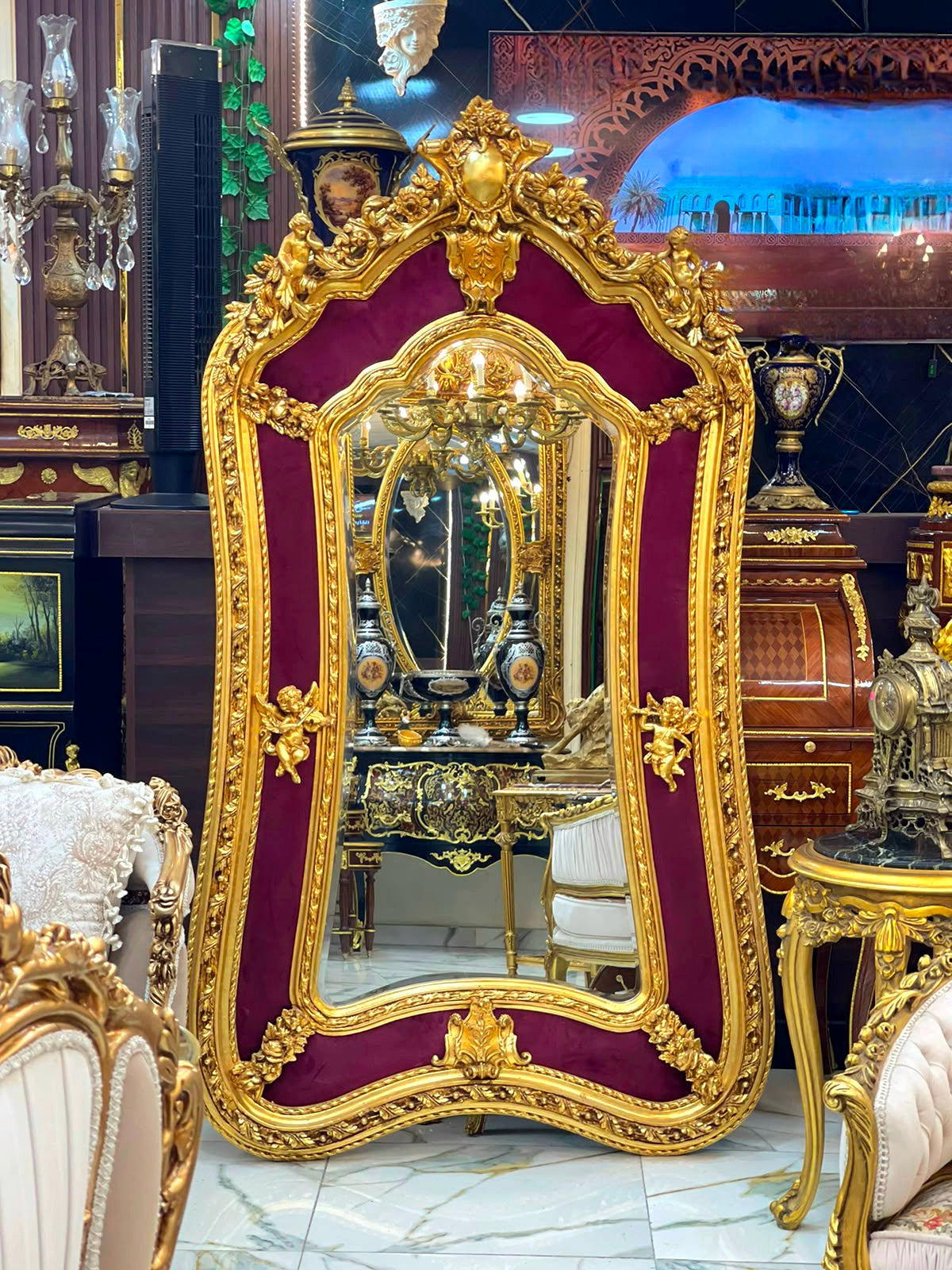 Grand French Rococo Gold Leaf Mirror with Burgundy Velvet & Ornate Gilded Frame