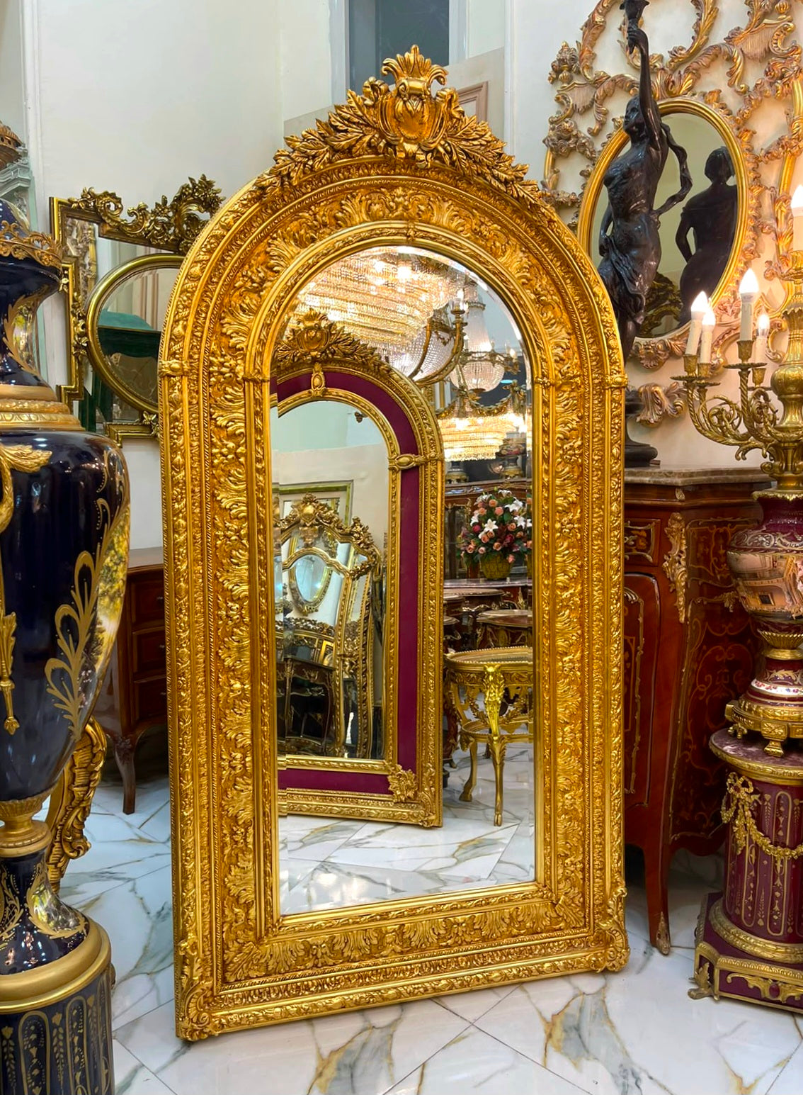 Grand French Baroque Arched Mirror – Hand-Gilded Gold Leaf Frame with Ornate Carved Details