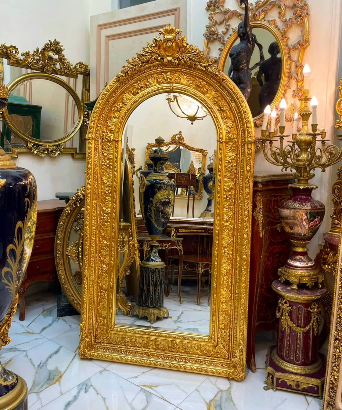 Grand French Baroque Arched Mirror – Hand-Gilded Gold Leaf Frame with Ornate Carved Details