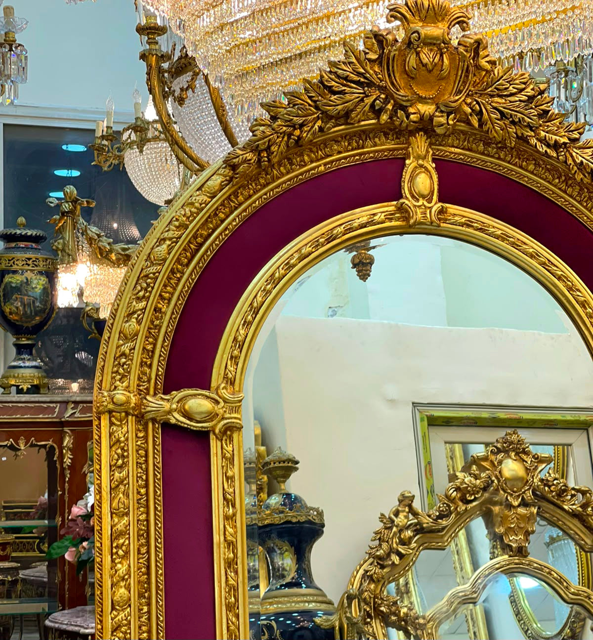 Grand French Rococo Mirror – Burgundy Velvet Paneling & Ornate Gold Leaf Frame
