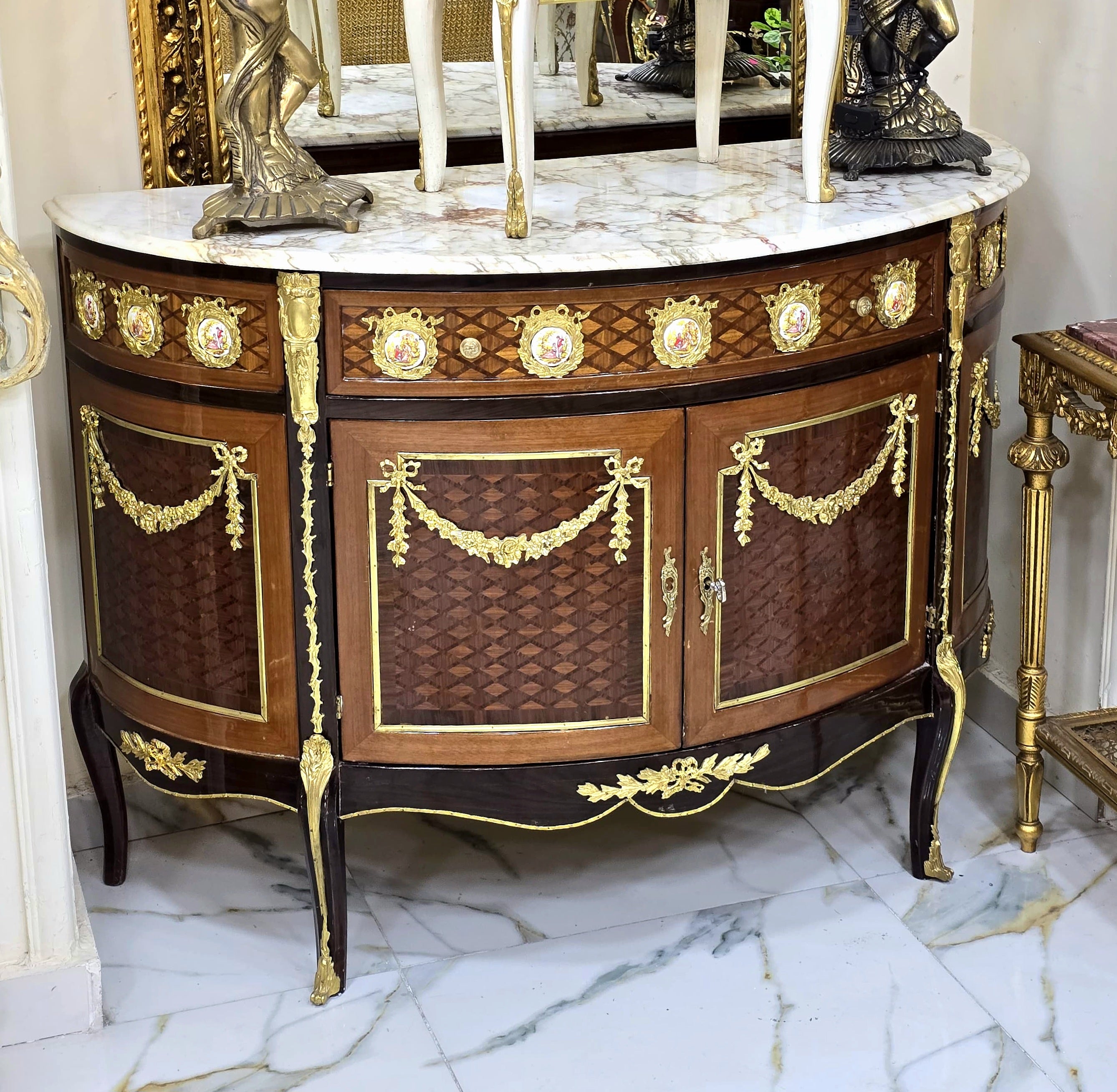 French Louis XVI Demilune Sideboard – Marble Top, Gilded Details & Premium Hardwood