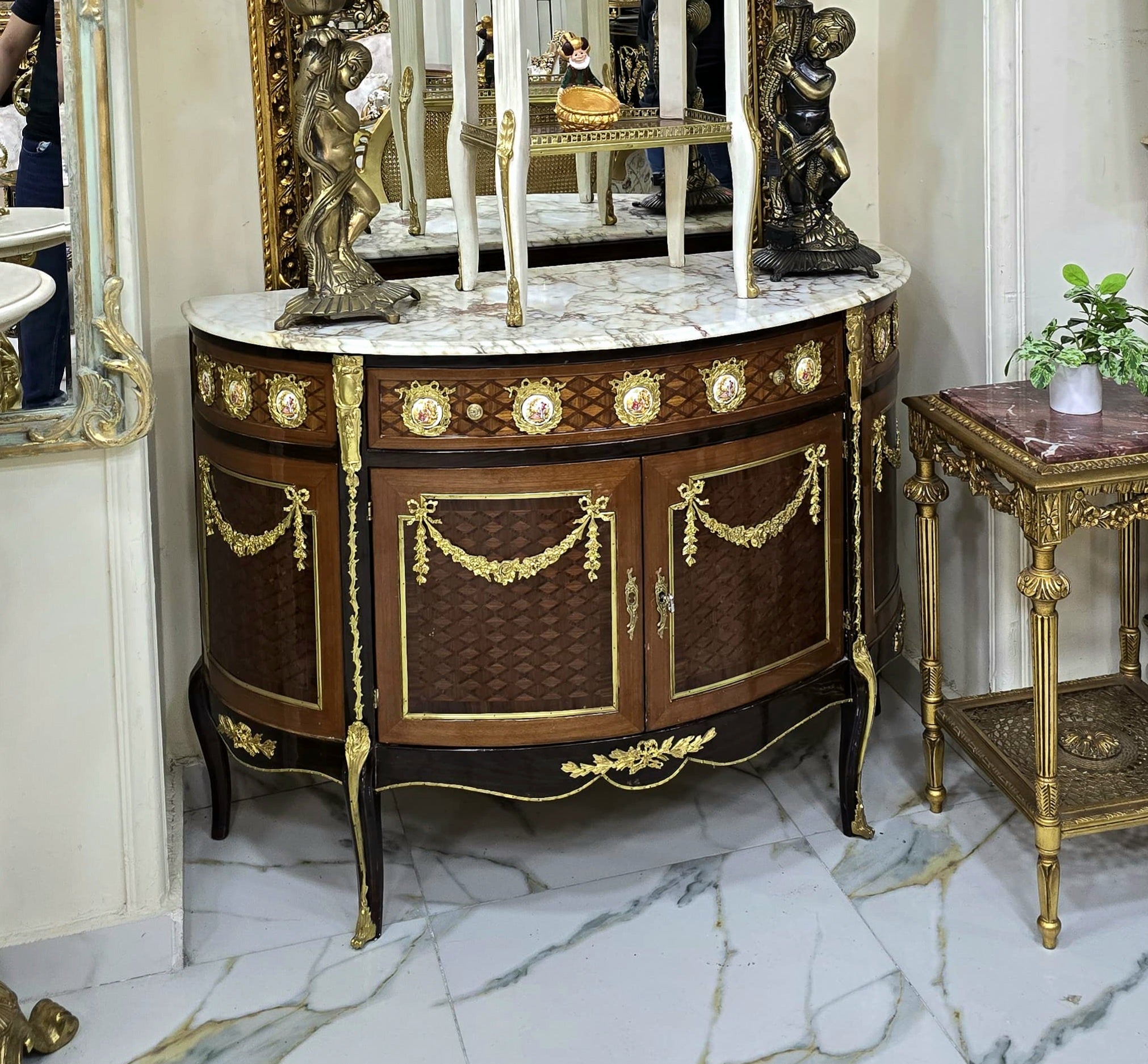 French Louis XVI Demilune Sideboard – Marble Top, Gilded Details & Premium Hardwood
