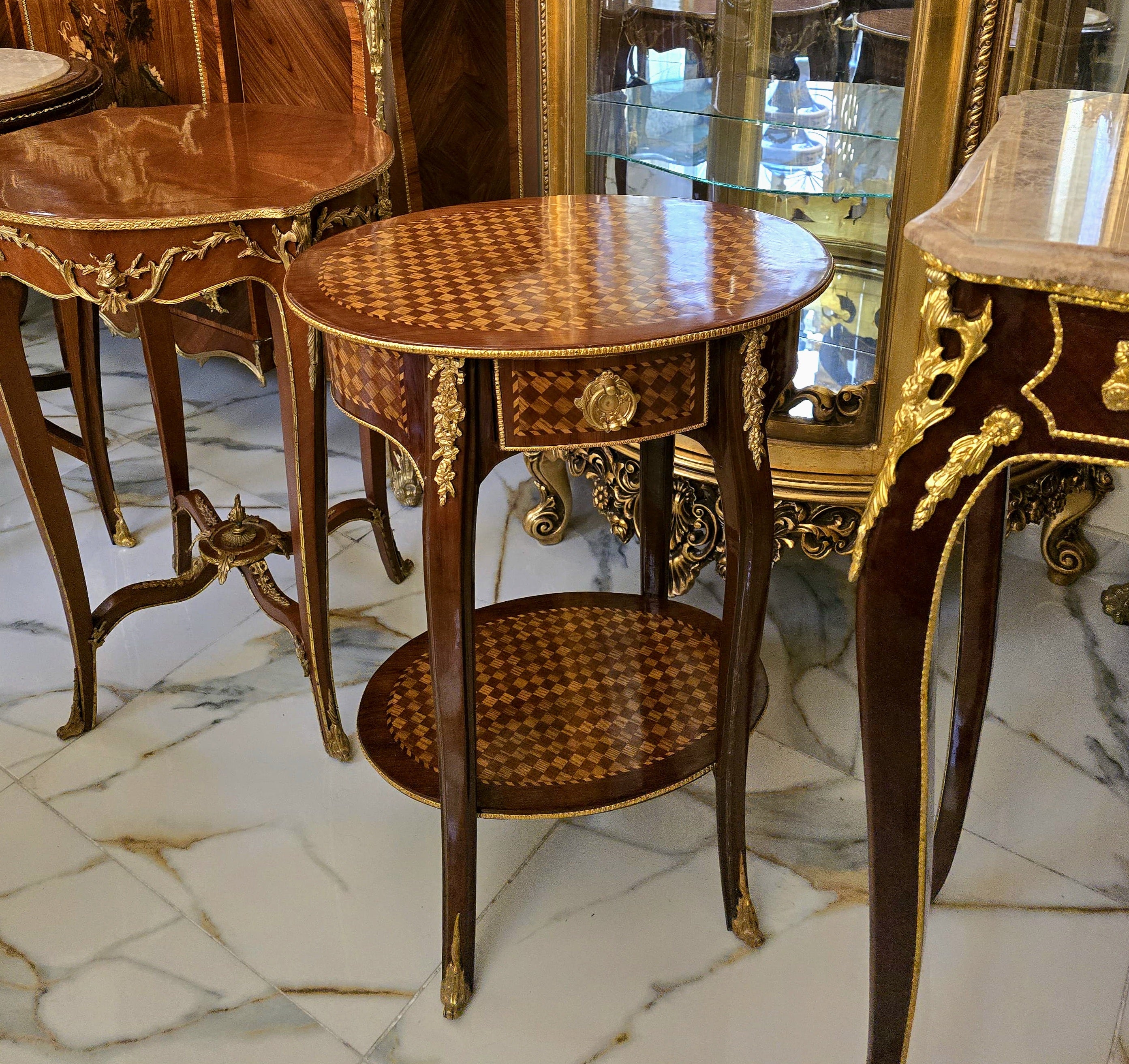 French Louis XV Parquetry Accent Table – Intricate Geometric Wood Inlay with Gilded Bronze Details