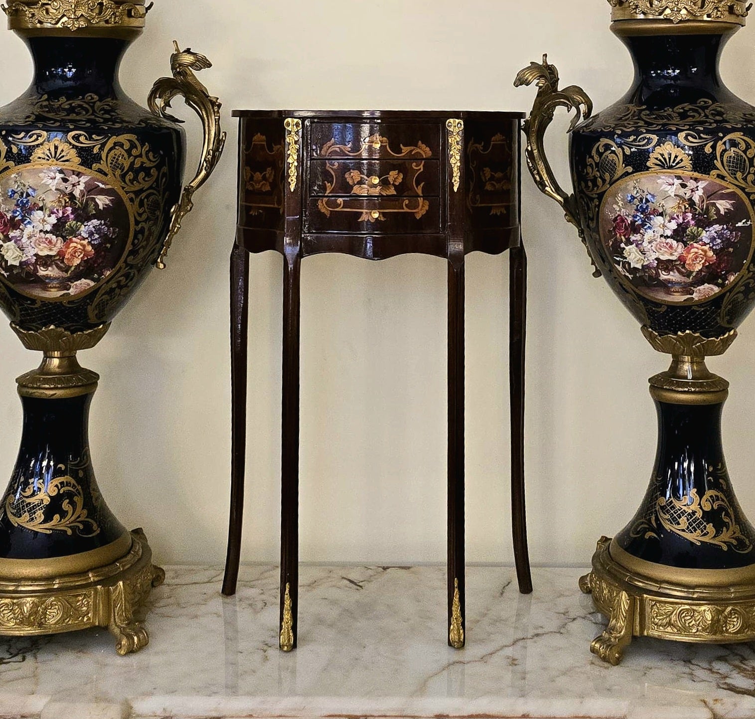 French Louis XV Style Dark Walnut Side Table – 3 Drawer Accent Table with Gold Leaf Details