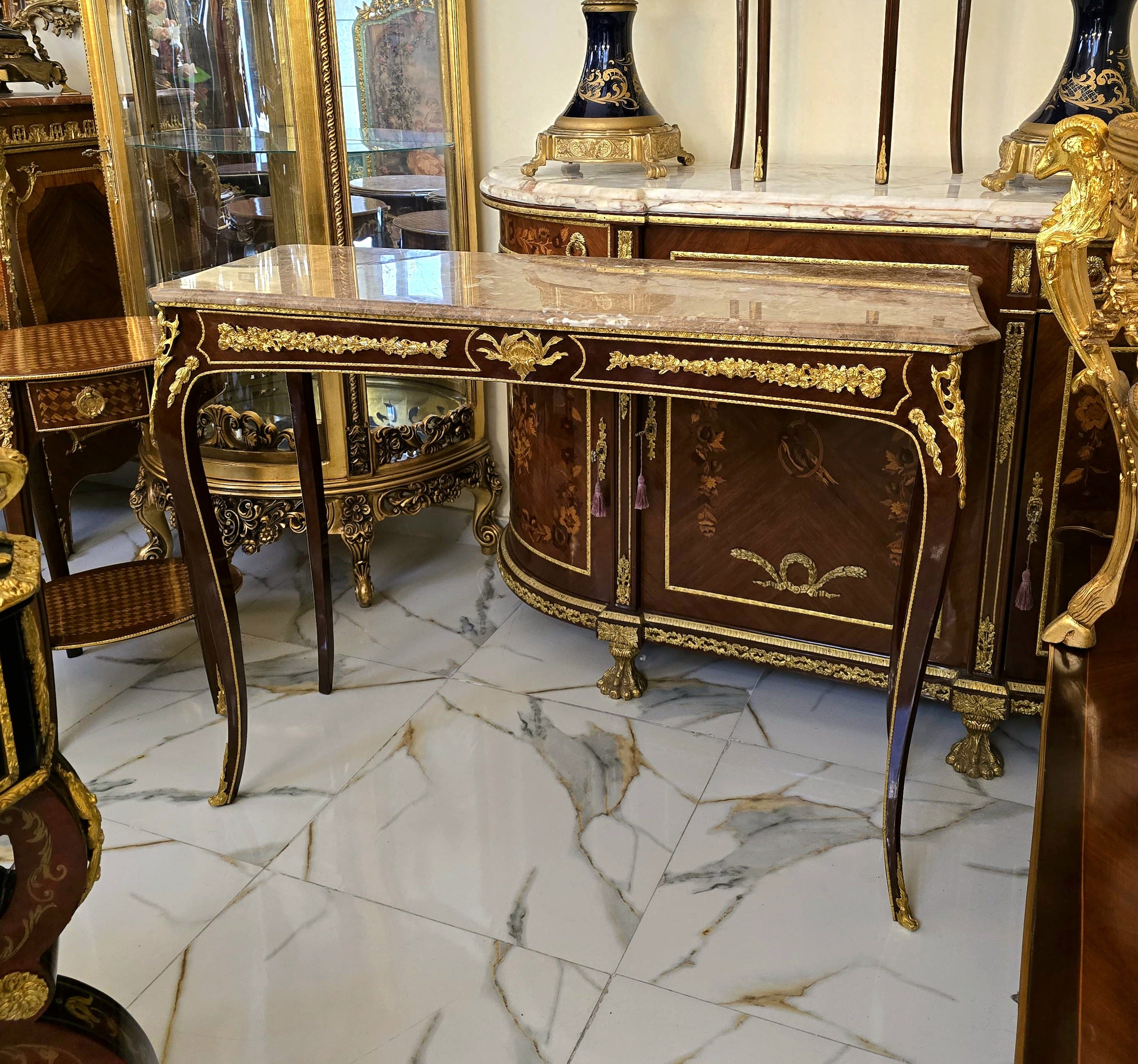 French Rococo Console Table – Dark Brown Finish with Marble Top & Gold Leaf Details