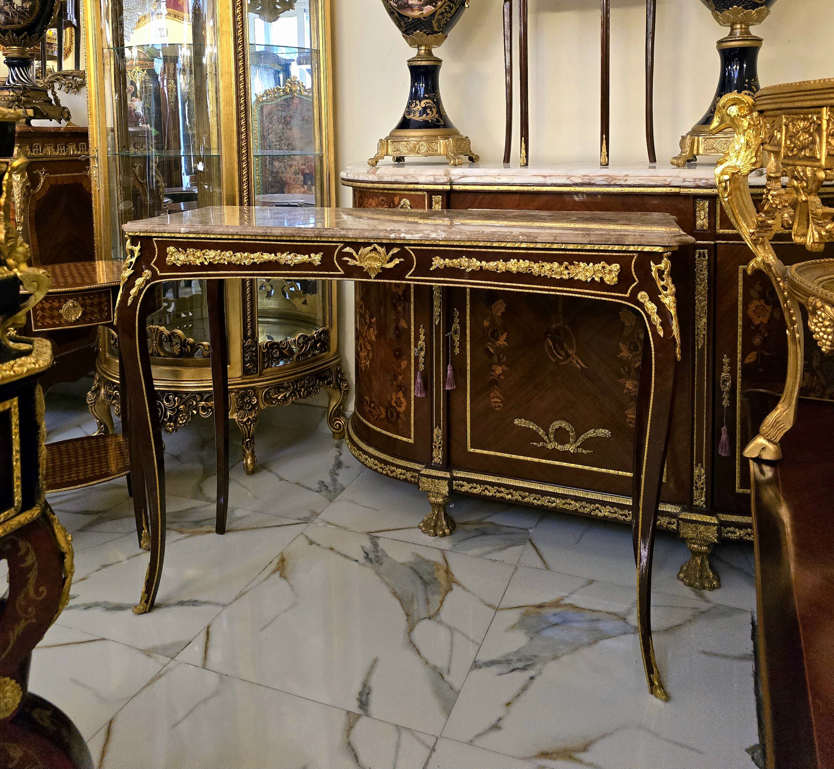 French Rococo Console Table – Dark Brown Finish with Marble Top & Gold Leaf Details