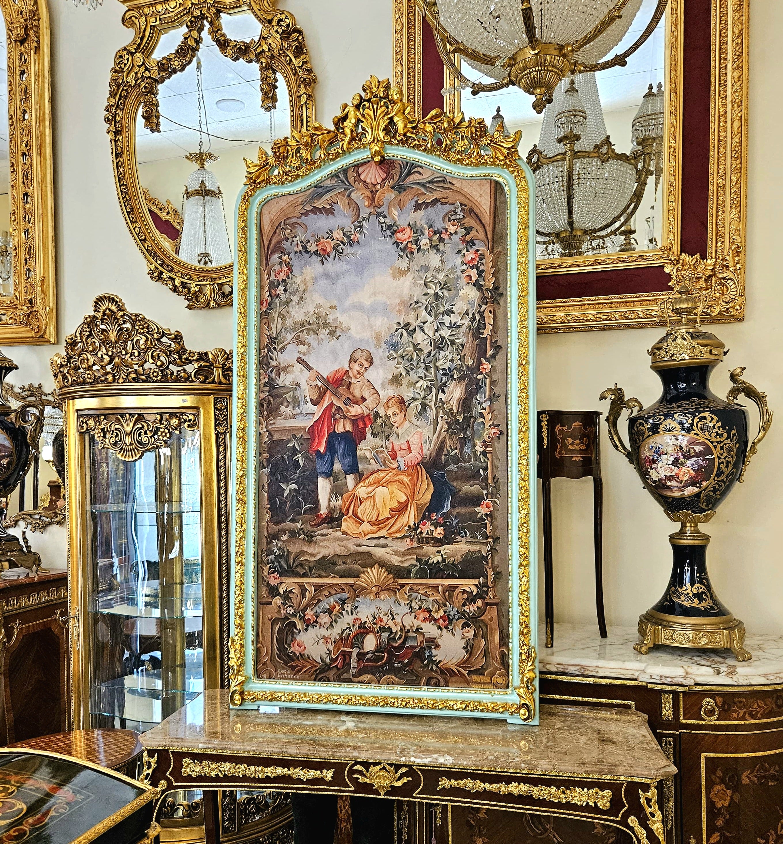 French Rococo Romantic Wall Art – Gilded Green Frame with Elegant Musical Couple Scene
