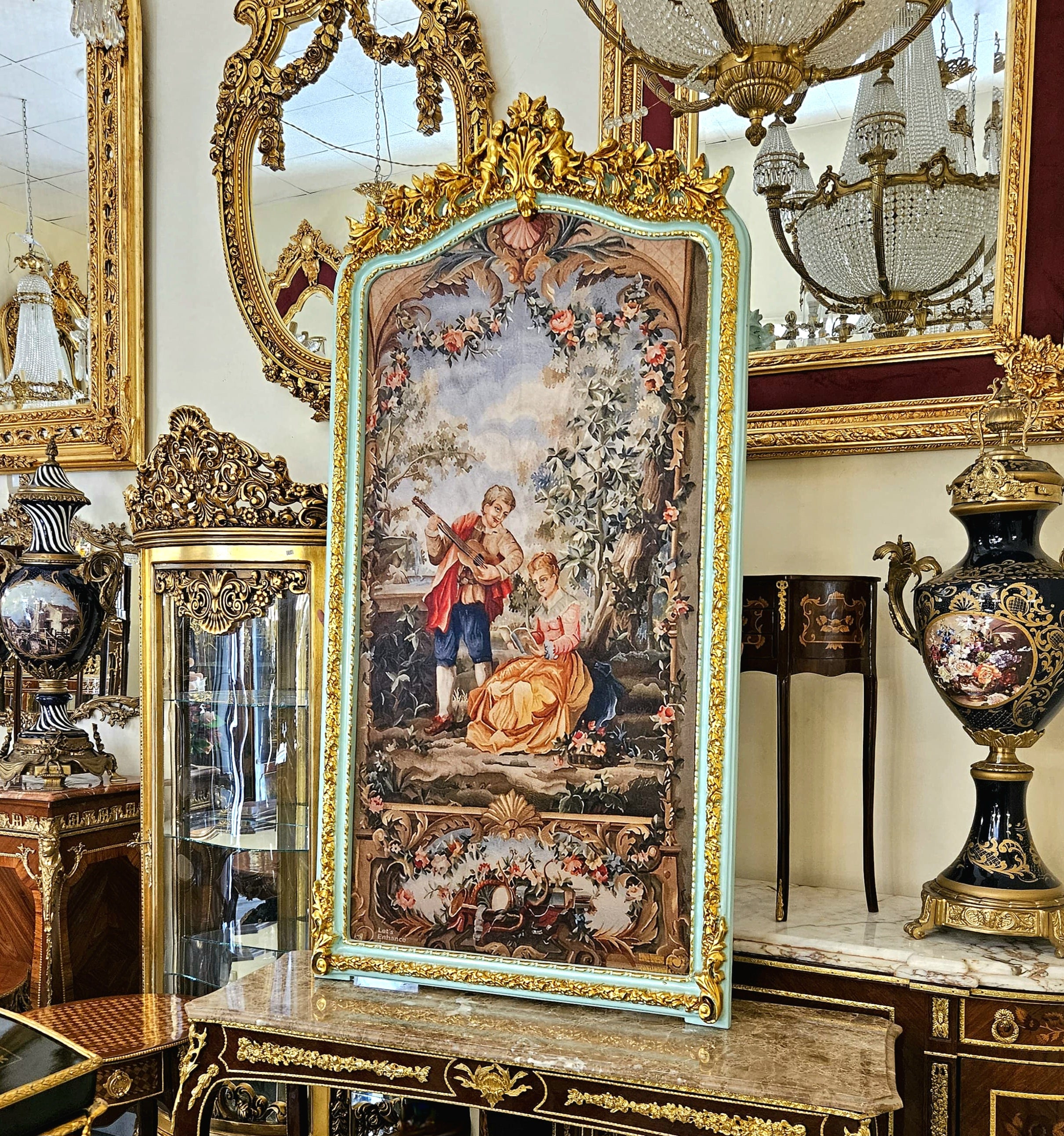 French Rococo Romantic Wall Art – Gilded Green Frame with Elegant Musical Couple Scene