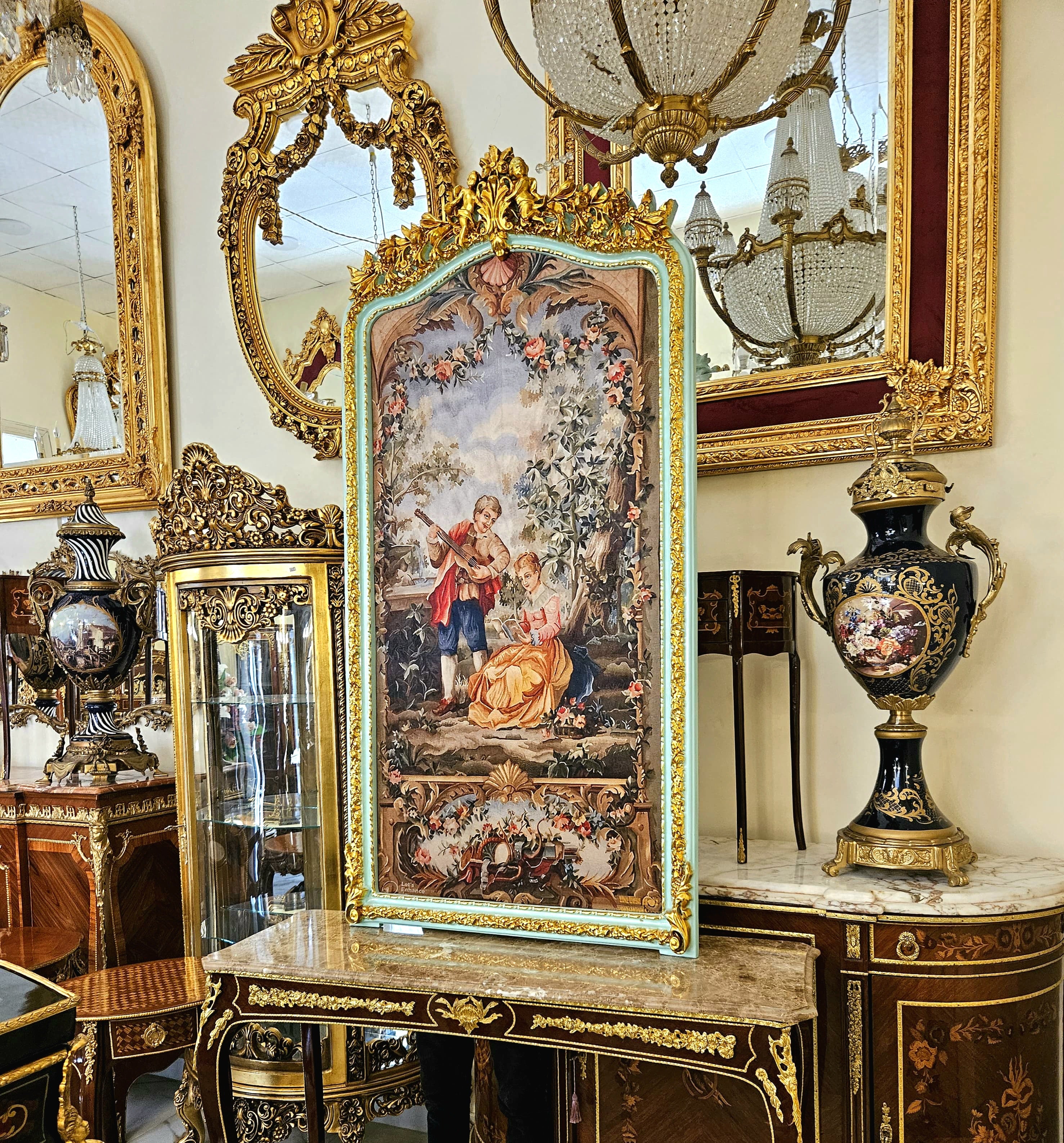 French Rococo Romantic Wall Art – Gilded Green Frame with Elegant Musical Couple Scene