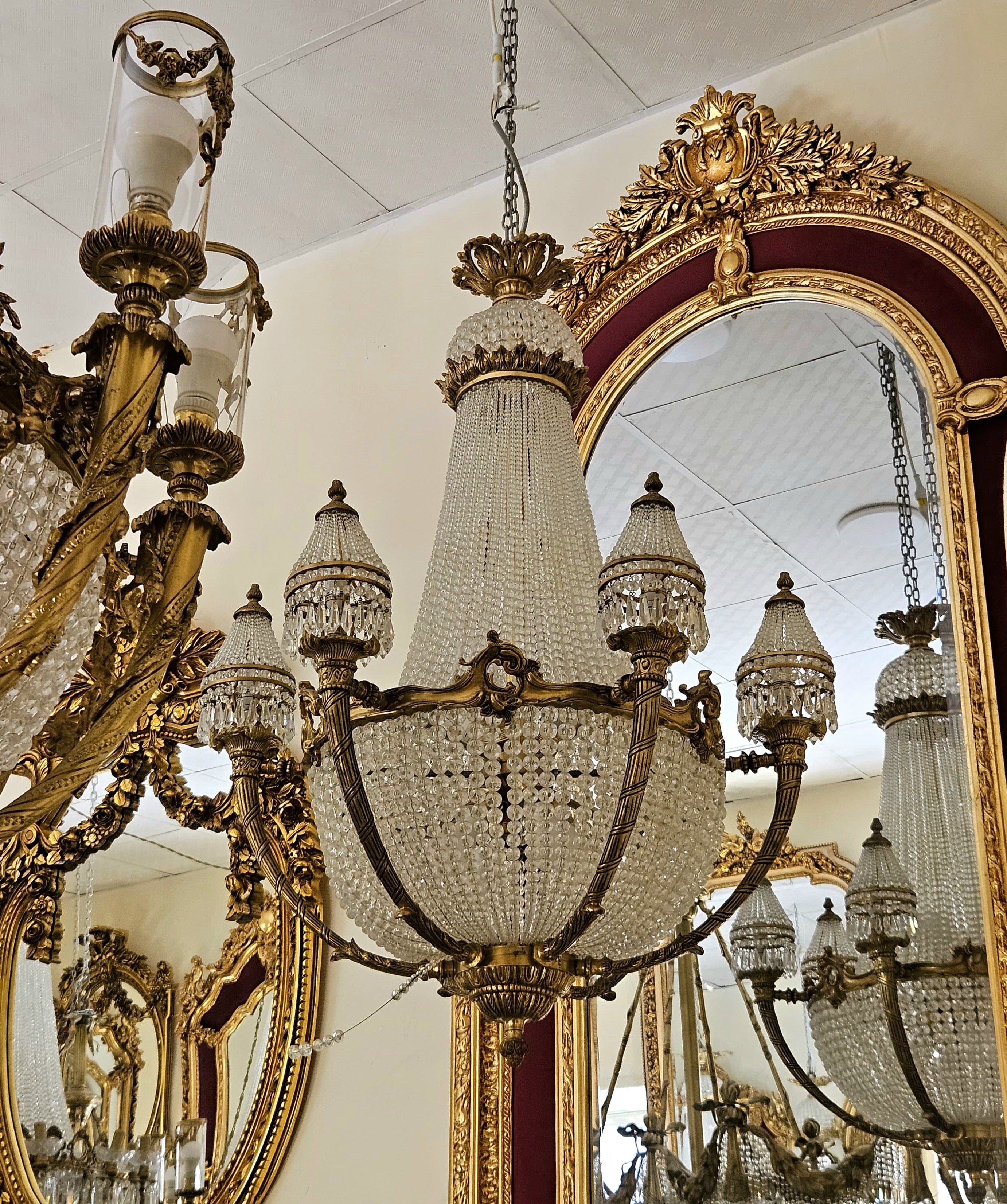 Grand French Crystal Chandelier – Ornate Bronze Frame with Gold Leaf Details