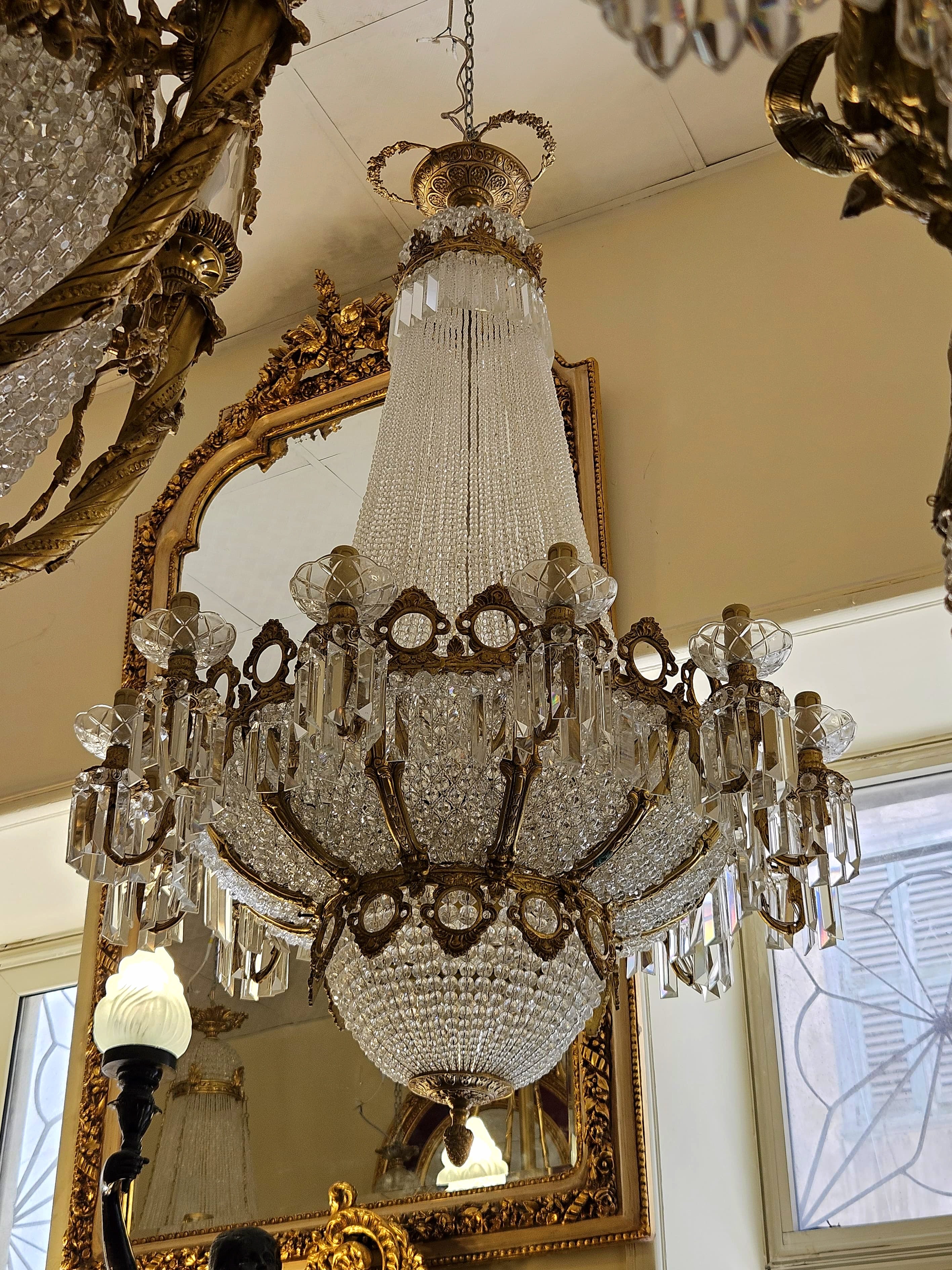 French Empire Crystal Chandelier – Elaborate Gilded Bronze & Gold Leaf Multi-Tier Lighting Fixture